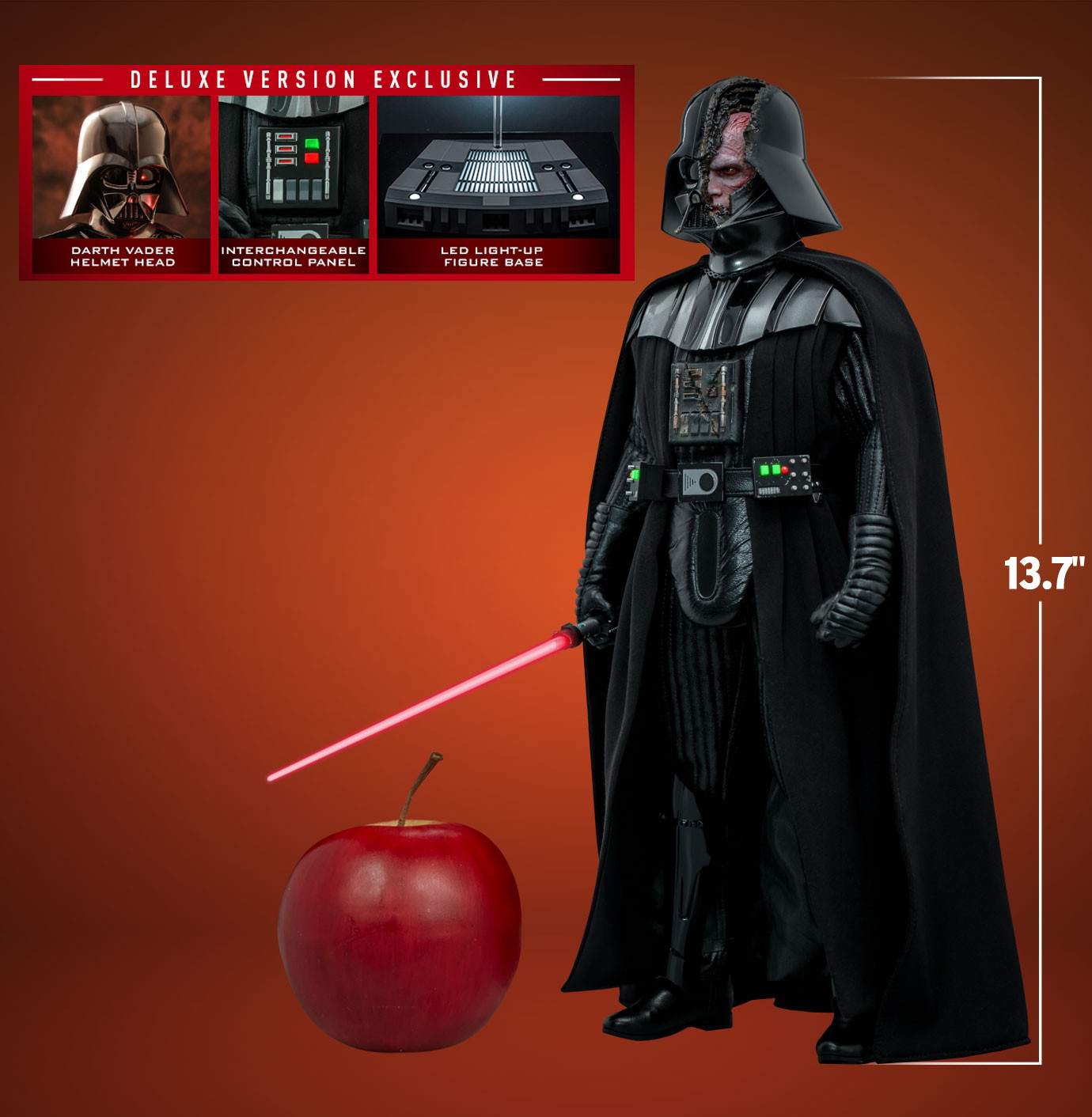 Full-body view of Darth Vader Sixth Scale Action Figure by Hot Toys (Deluxe Version) showing scale compared to an apple, with three small portraits of deluxe exclusive contents. (Prototype Shown) View 2