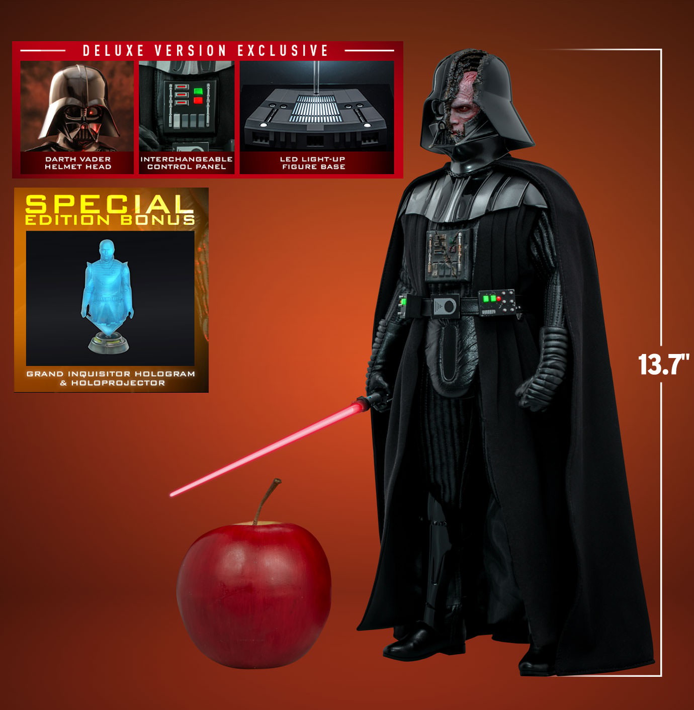 Full-body view of Darth Vader (Deluxe Version) (Special Edition) showing scale compared to an apple, with three small portraits of deluxe exclusive contents and Grand Inquisitor hologram. Exclusive Edition (Prototype Shown) View 2