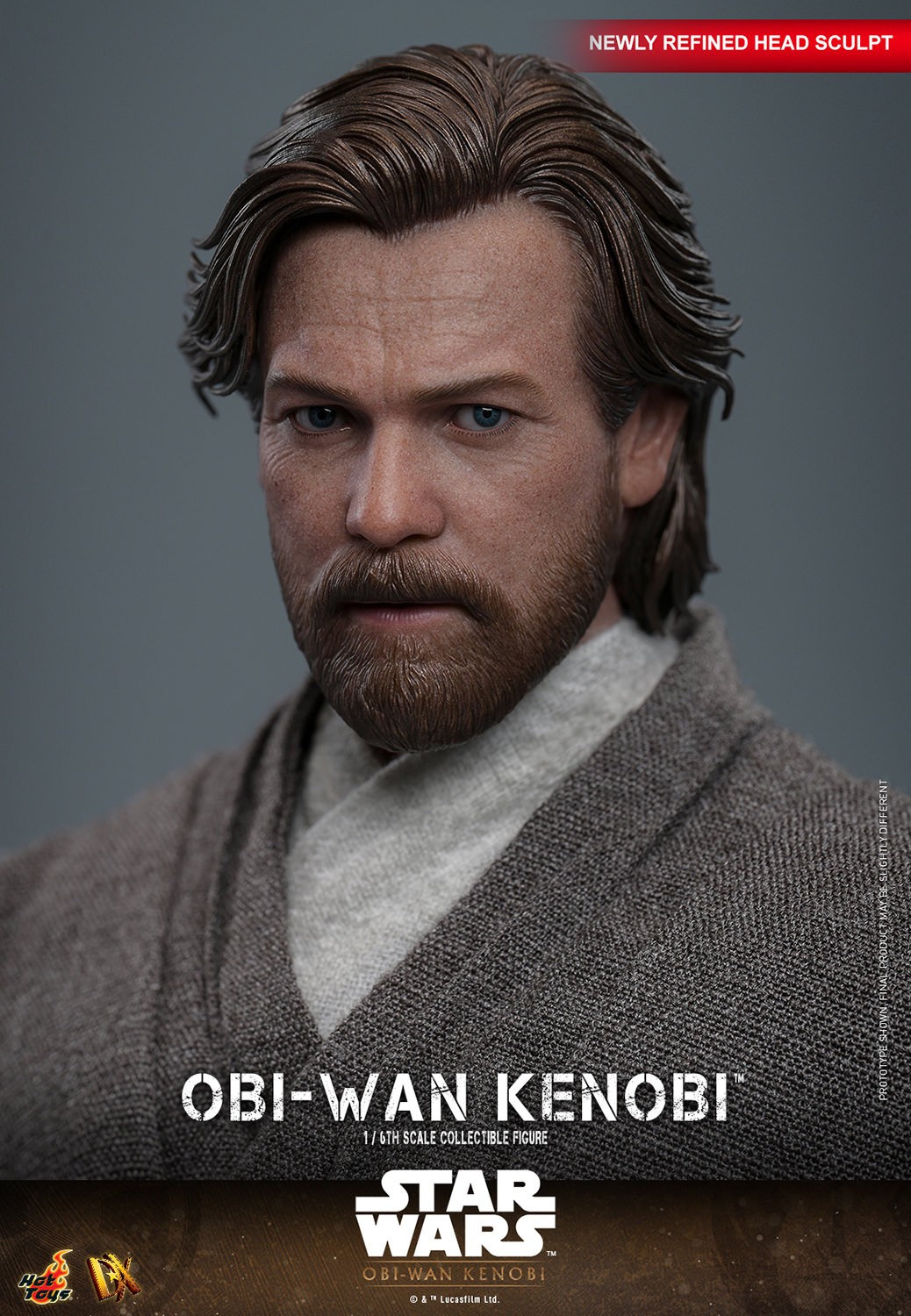 Close-up shot of Obi-Wan Kenobi highlighting a highly detailed head sculpt with rolling eyeball function, realistic wrinkles, beard, and skin texture. (Prototype Shown) View 2