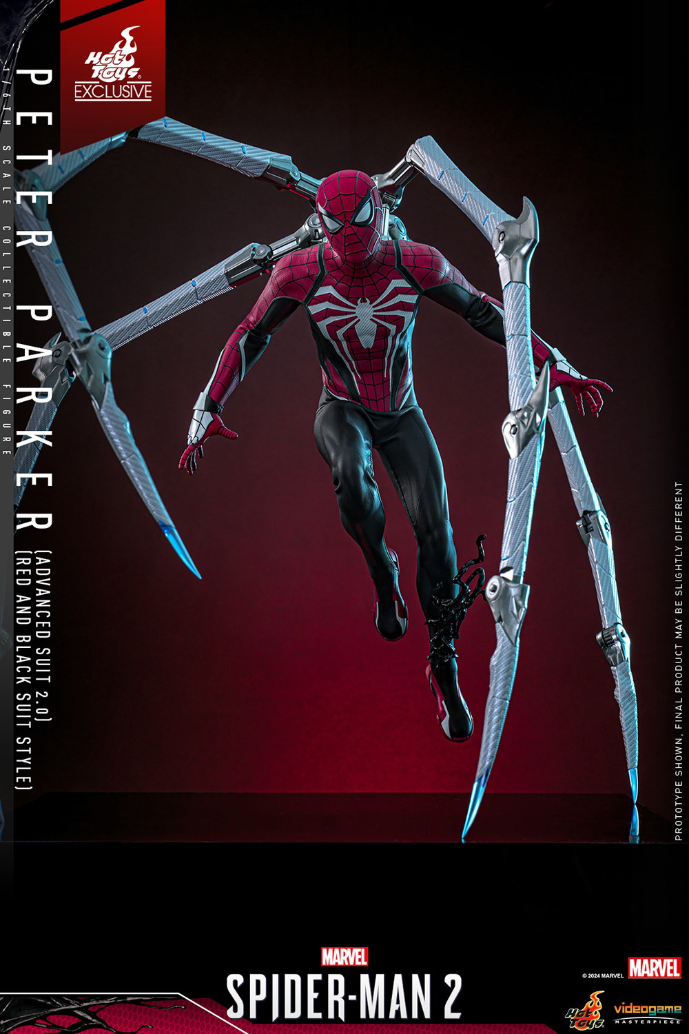 Peter Parker in Advanced Suit 2.0, suspended by silver Spider-Man pincers with his right knee bent. (Prototype Shown) View 7