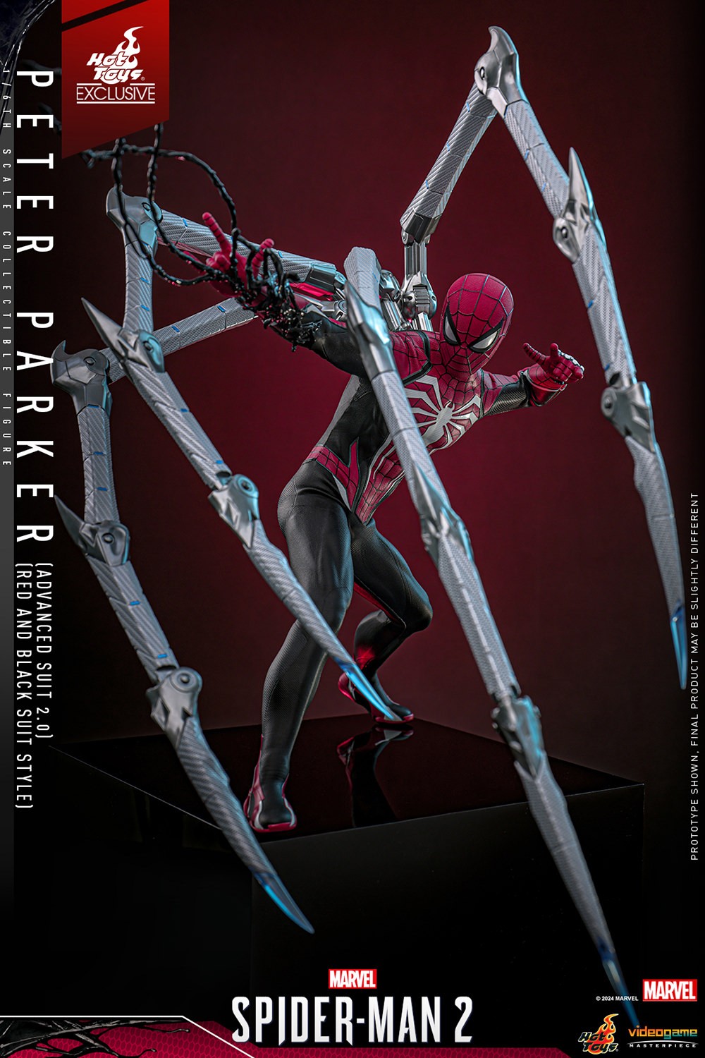 Right angle shot of Peter Parker lunging left, shooting black symbiote webbing from his right hand, with pincers positioned defensively around him. (Prototype Shown) View 9