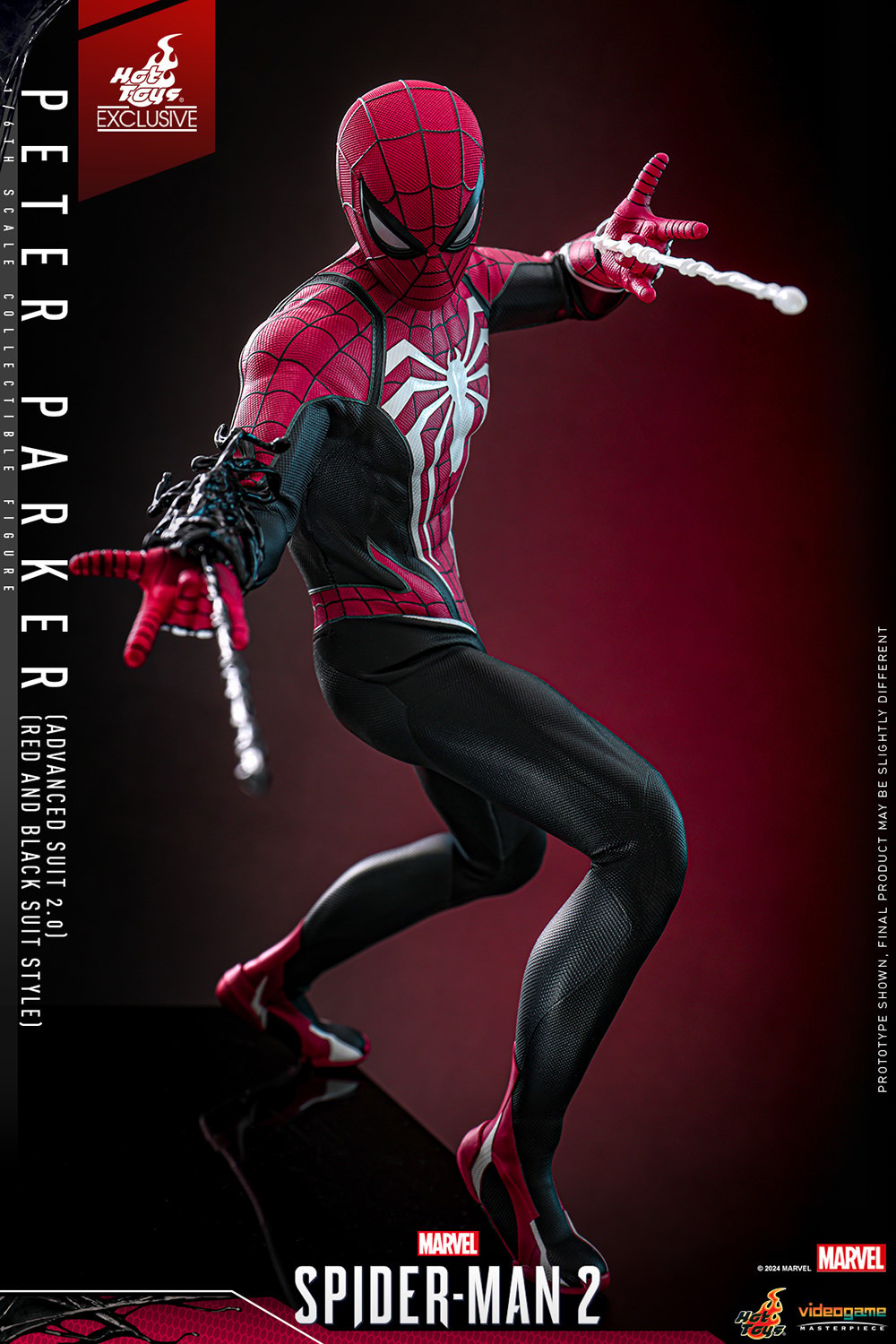 Right angle view of Peter Parker turning back to the right, knees bent, while shooting white webs from his hands. (Prototype Shown) View 10