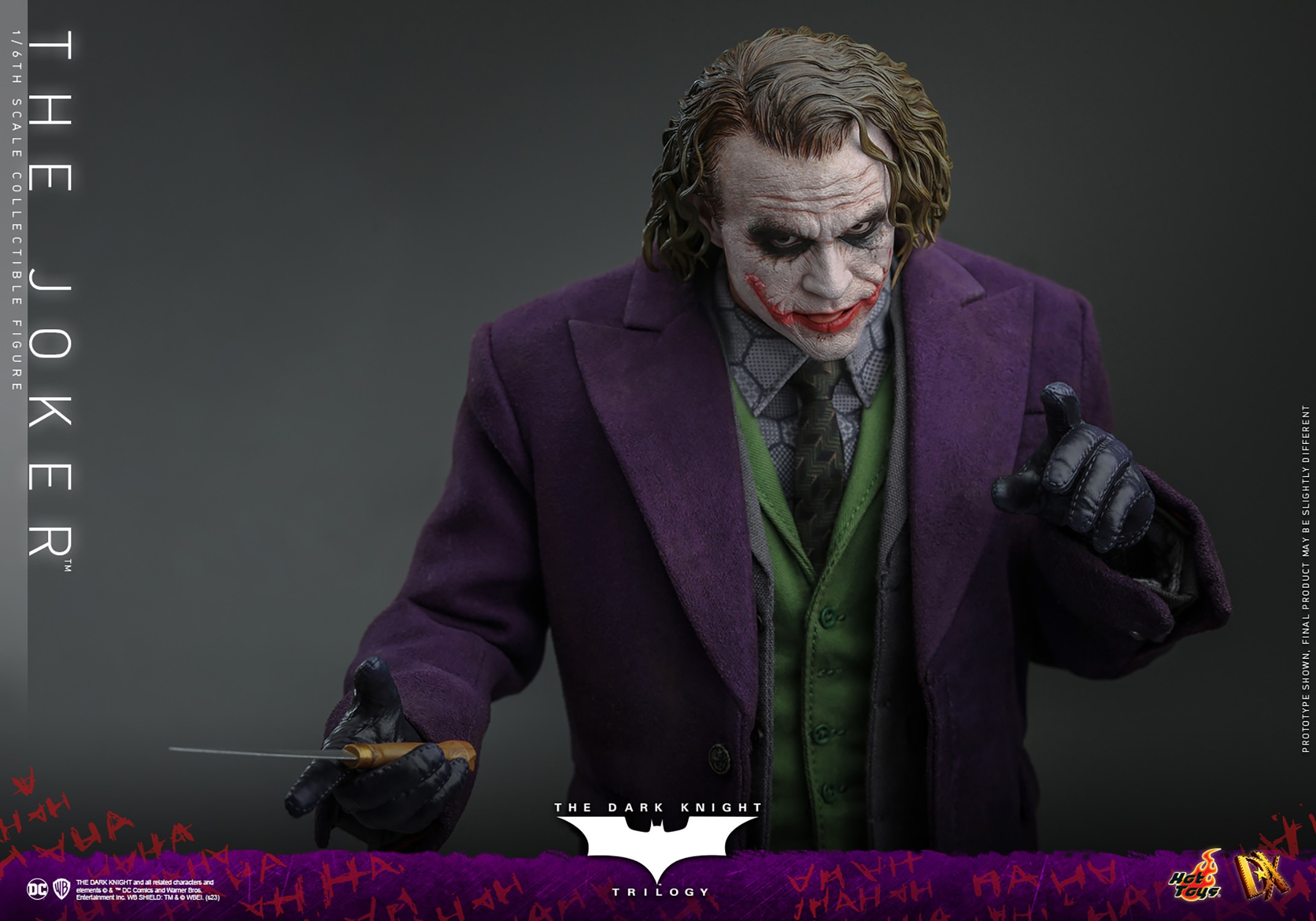 Half-body shot of The Joker (Collector Edition), leaning slightly forward, holding a knife in his right hand, and gesturing with his left hand. (Prototype Shown) View 14