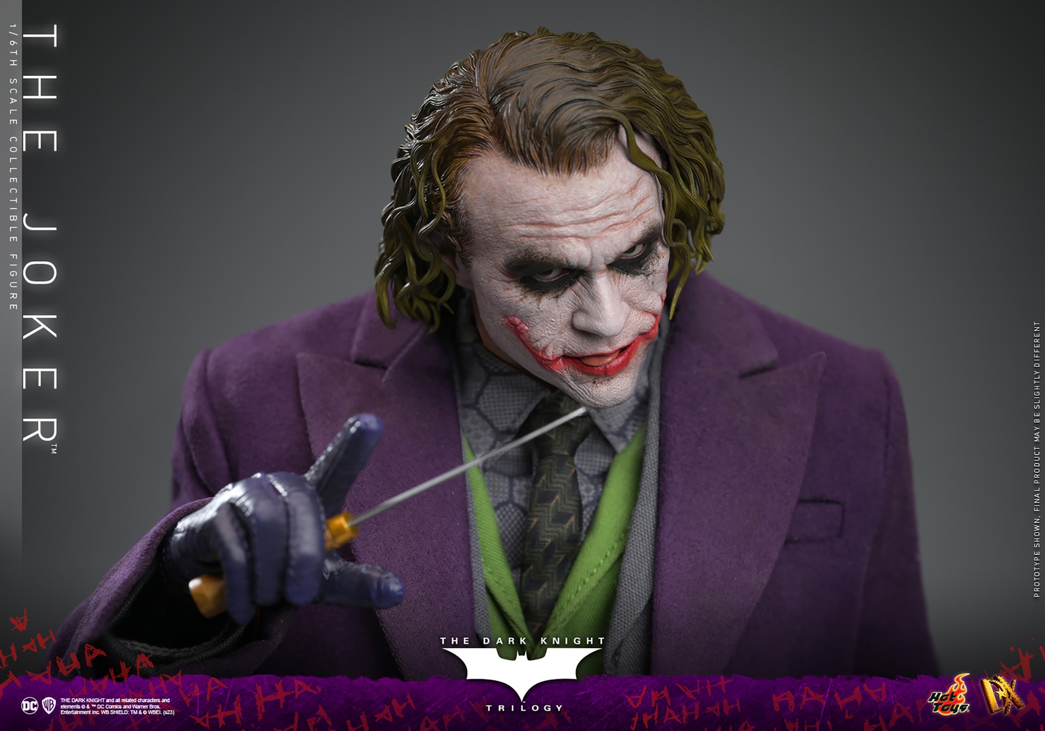 Upper body shot of The Joker (Collector Edition), holding a knife and slightly pointing with his right hand, head tilted down, and eyes looking up. (Prototype Shown) View 16