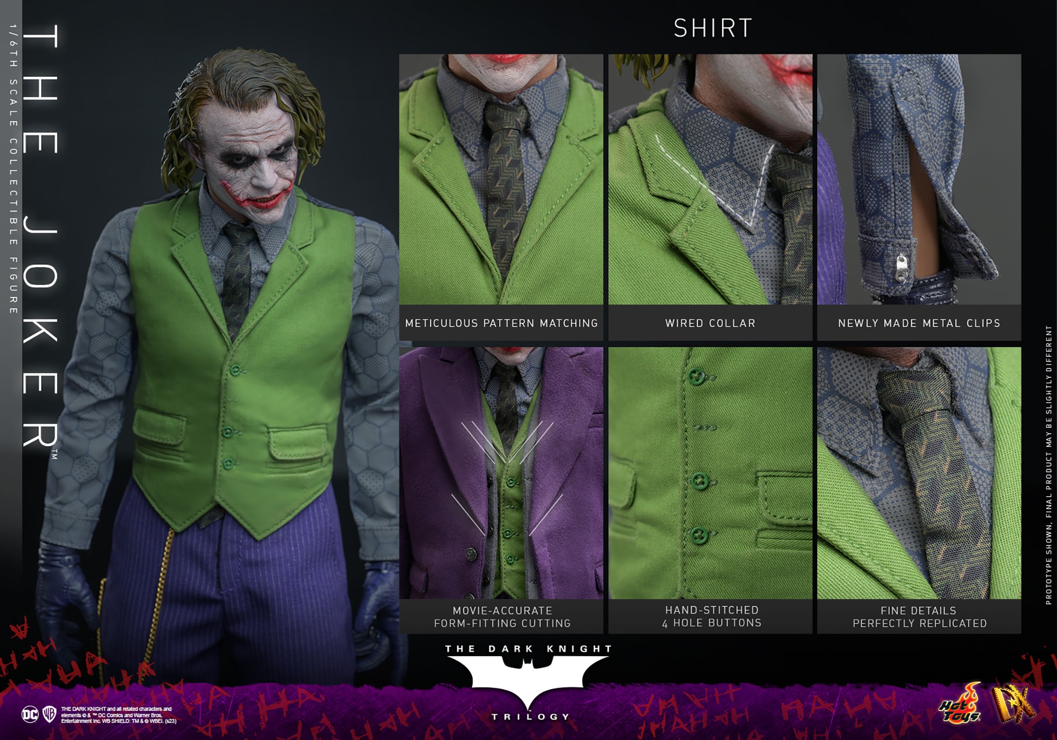 Knee-high shot of The Joker (Collector Edition) showcasing the details of his shirt, accompanied by smaller portraits highlighting key features. (Prototype Shown) View 21