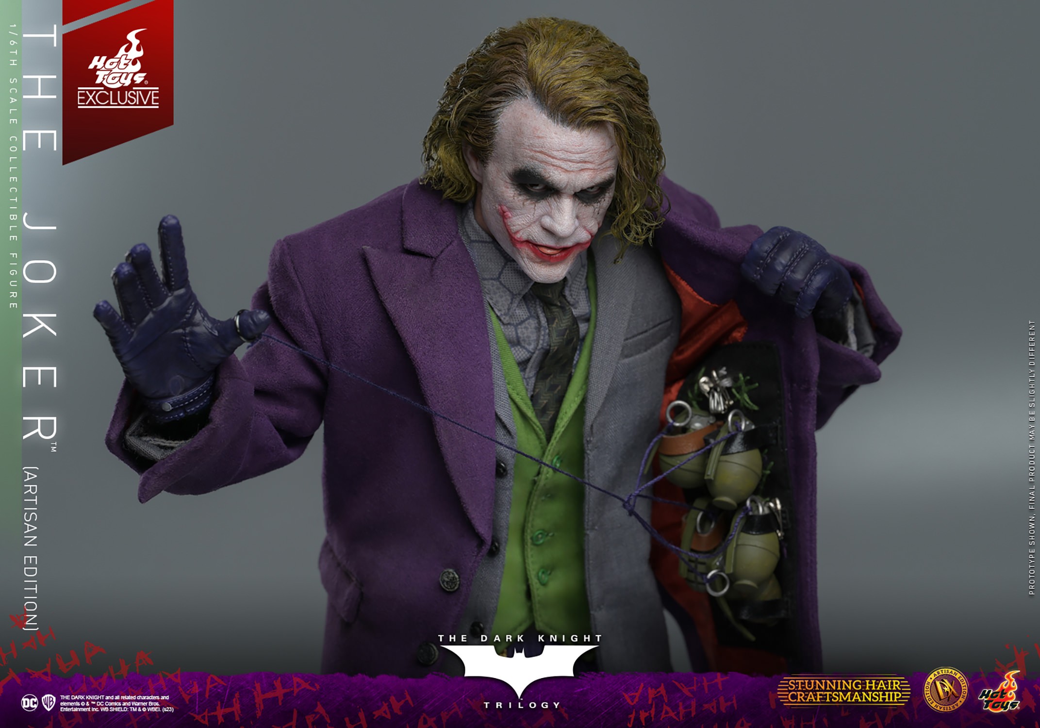 Half body shot of The Joker (Artisan Edition) opening his topcoat to reveal weapons, holding a pin and string with his right thumb, with a higher angle portrait. Collector Edition (Prototype Shown) View 14