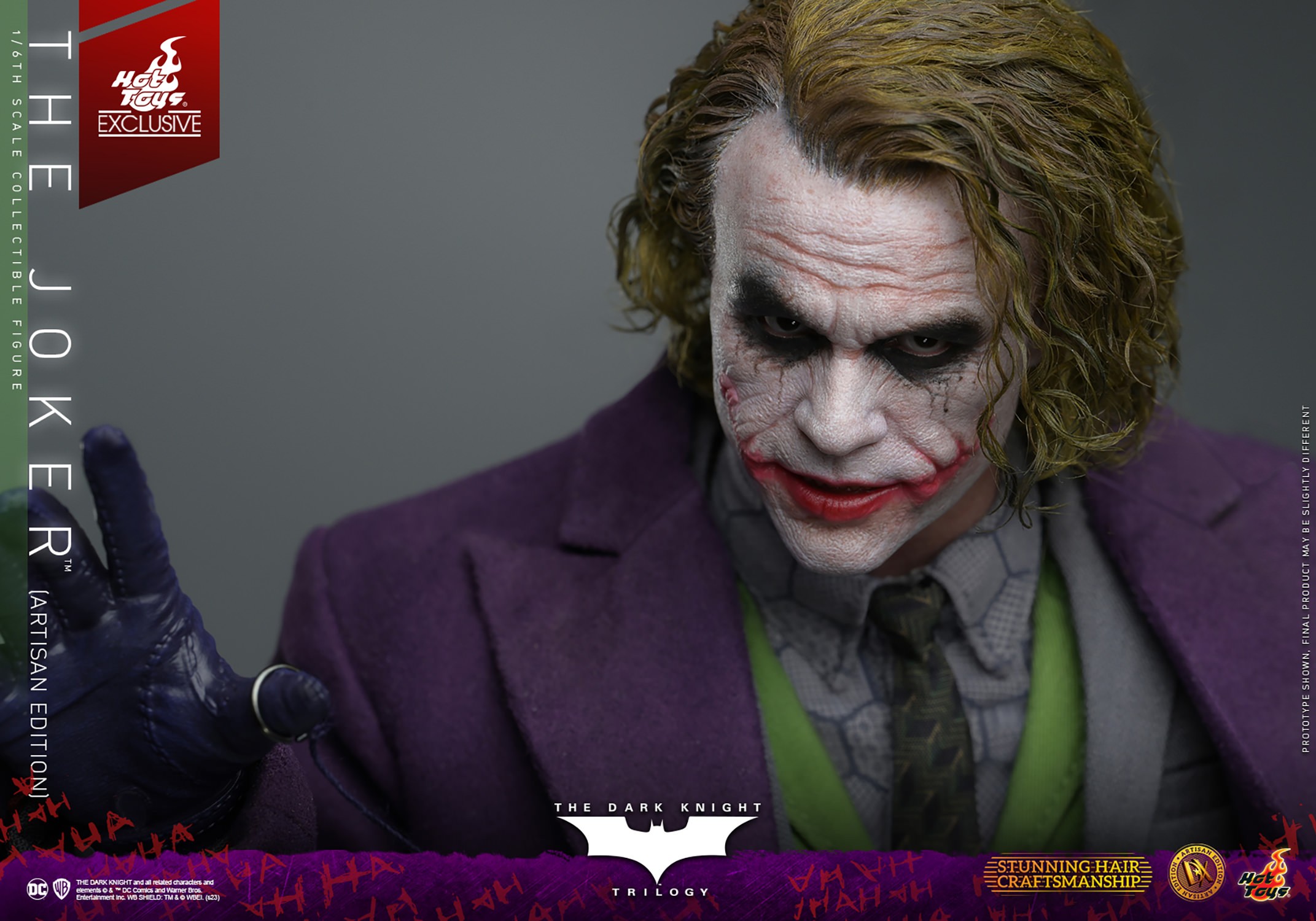 Photo taken from a higher angle, upper bust shot of The Joker (Artisan Edition), with his head at a downward angle and eyes looking up, while his right thumb holds a pin. Collector Edition (Prototype Shown) View 18