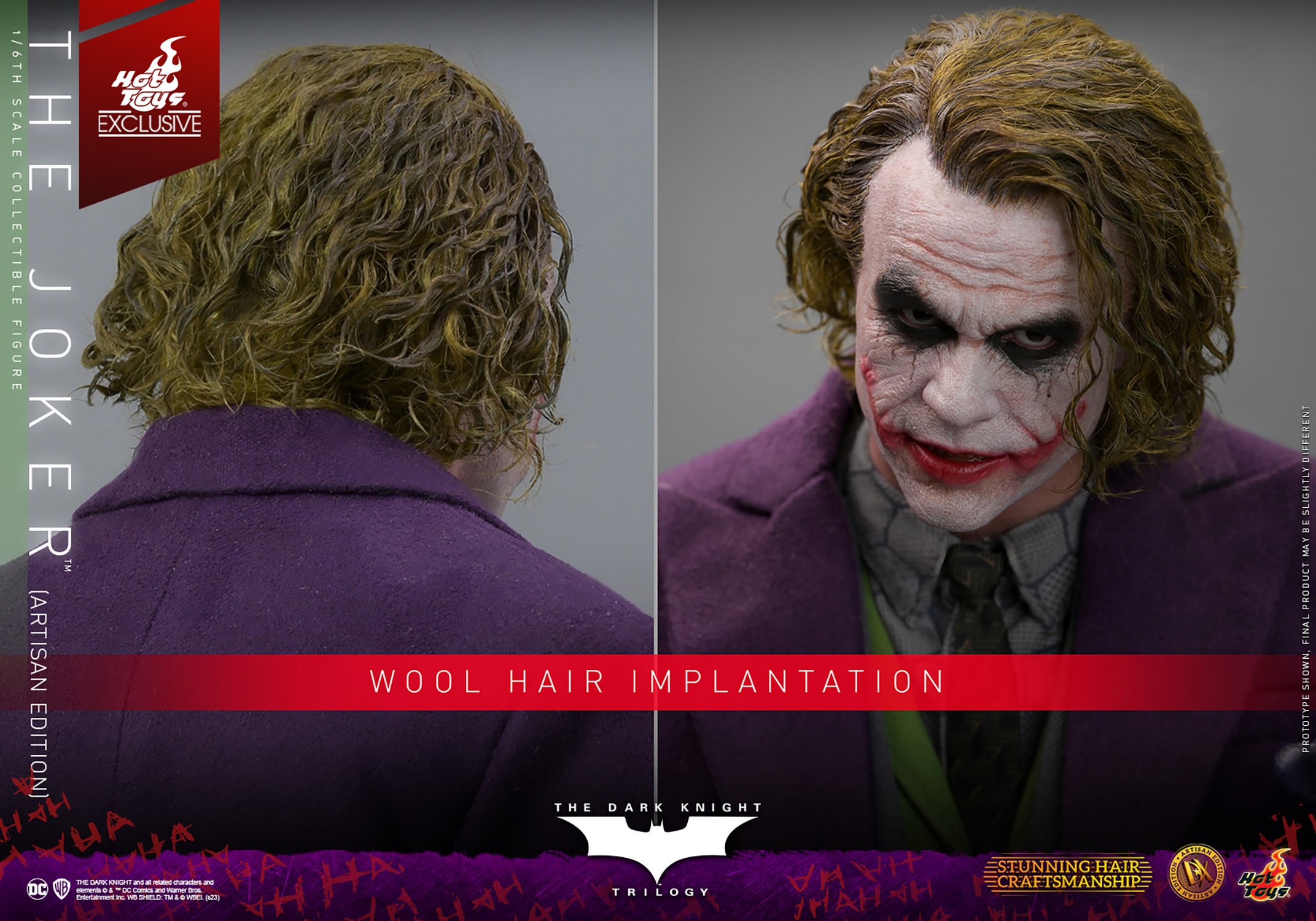 Two face portraits of The Joker (Artisan Edition) showing the front and back of his head, highlighting the wool hair implantation. Collector Edition (Prototype Shown) View 21