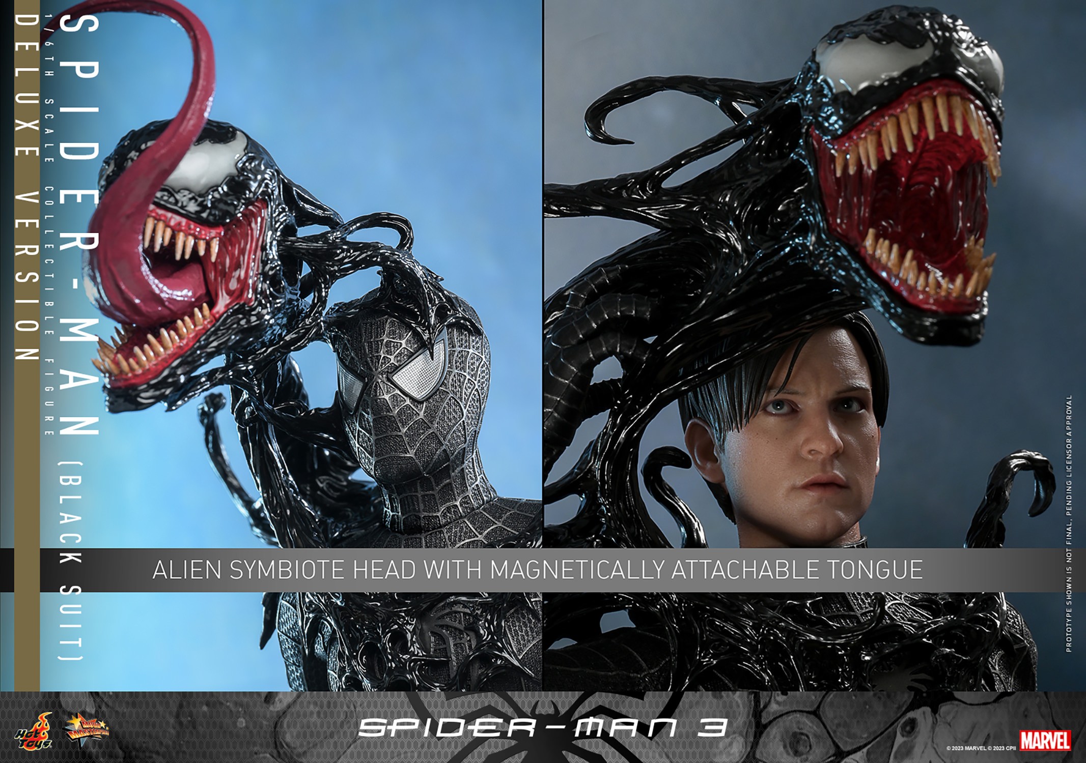 Two face portraits of Spider-Man (Black Suit), one with Spider-Man wearing his mask and the alien symbiote’s iconic tongue extended, and the other with Spider-Man unmasked, the alien symbiote without its tongue out. (Prototype Shown) View 13