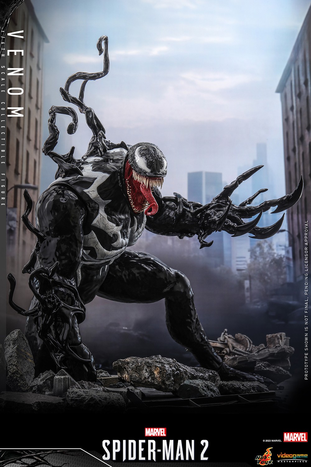 Full body shot of Venom kneeling with raised left claw, fist on the ground, symbiote tendrils, and grinning mouth, set in a city background. (Prototype Shown) View 8