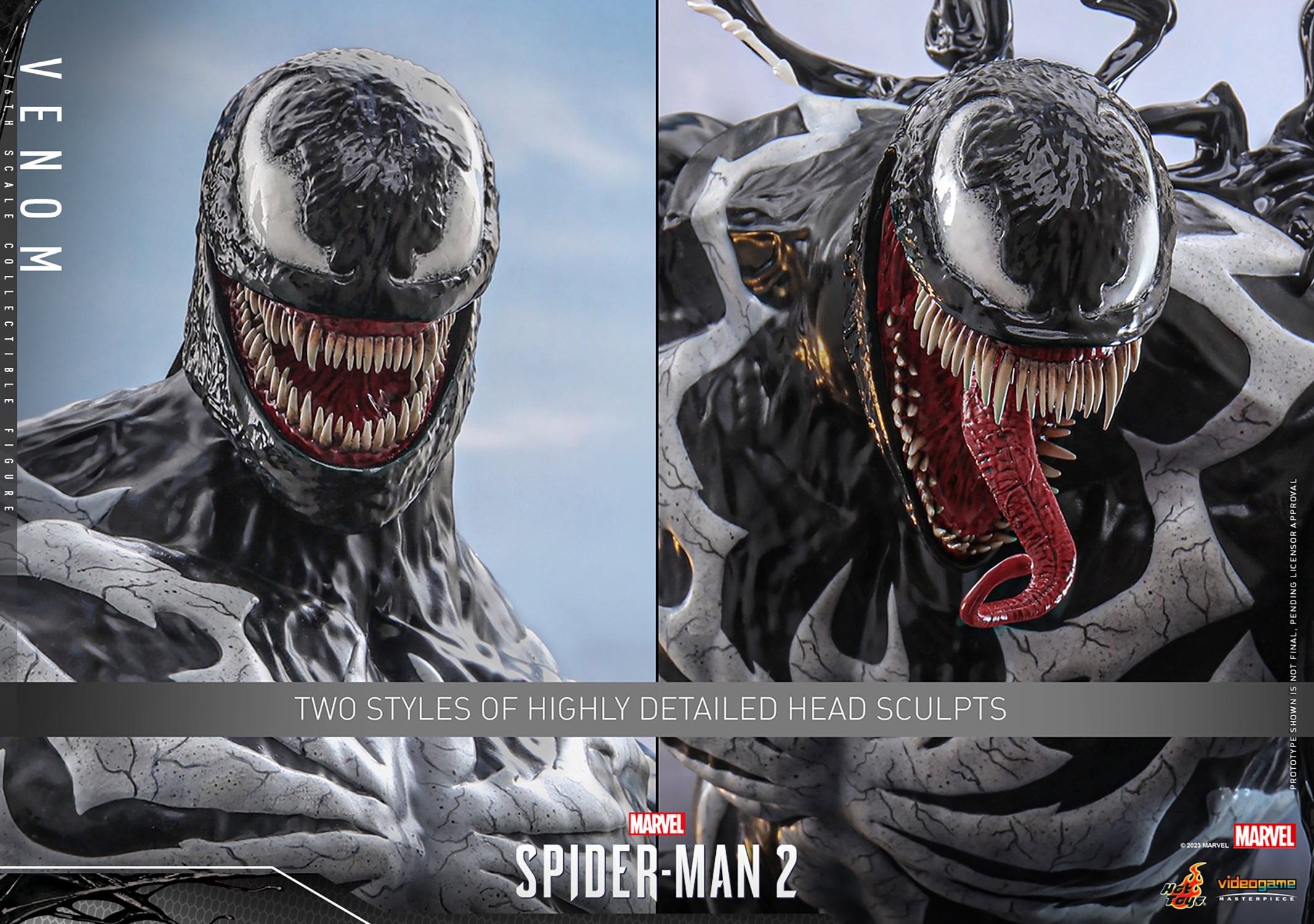Two face portraits of Venom featuring detailed head sculpts: one showing Venom grinning and the other with his mouth wide open and tongue extended. (Prototype Shown) View 11