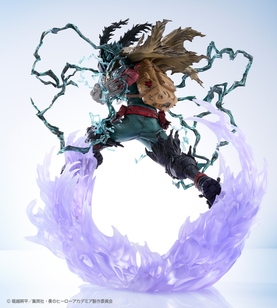 Back side view of Izuku Midoriya (Dark Deku) showcasing Blackwhip tendrils, purple aura, mask, tattered clothing, backpack accessory, and dynamic battle pose. (Prototype Shown) View 9