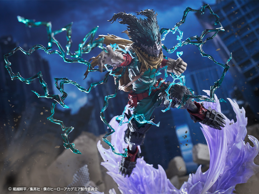 Lower angle shot of Izuku Midoriya on a display base, wearing his mask, set against an industrial background. (Prototype Shown) View 14