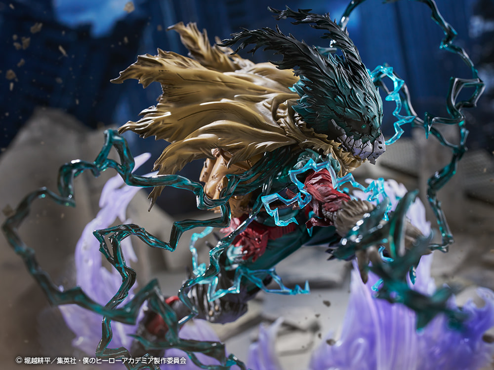 Right angle view of Izuku Midoriya on a display base, wearing his mask, set against an industrial background. (Prototype Shown) View 17