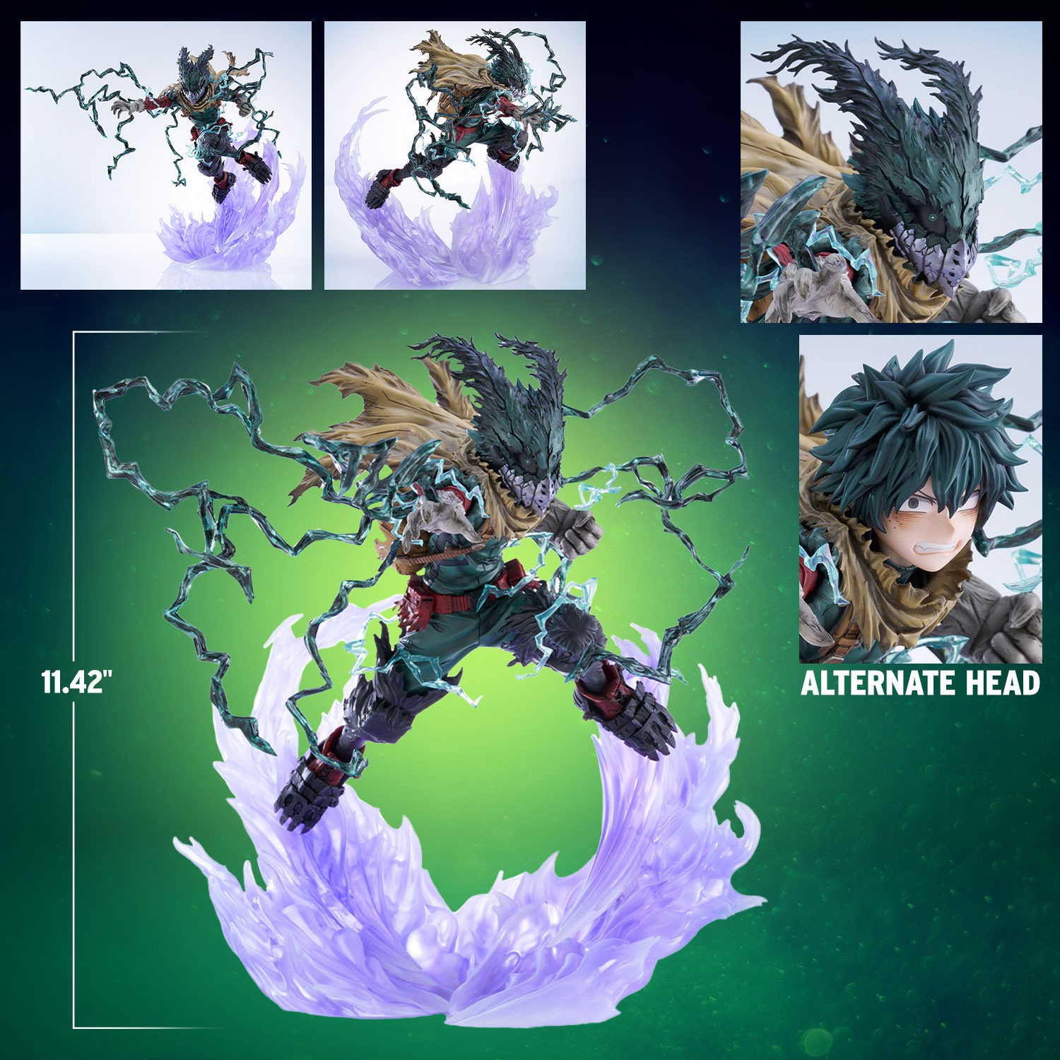 Full shot of Izuku Midoriya (Dark Deku Version) statue highlighting its scale, with smaller portraits showcasing the contents of the box. (Prototype Shown) View 2