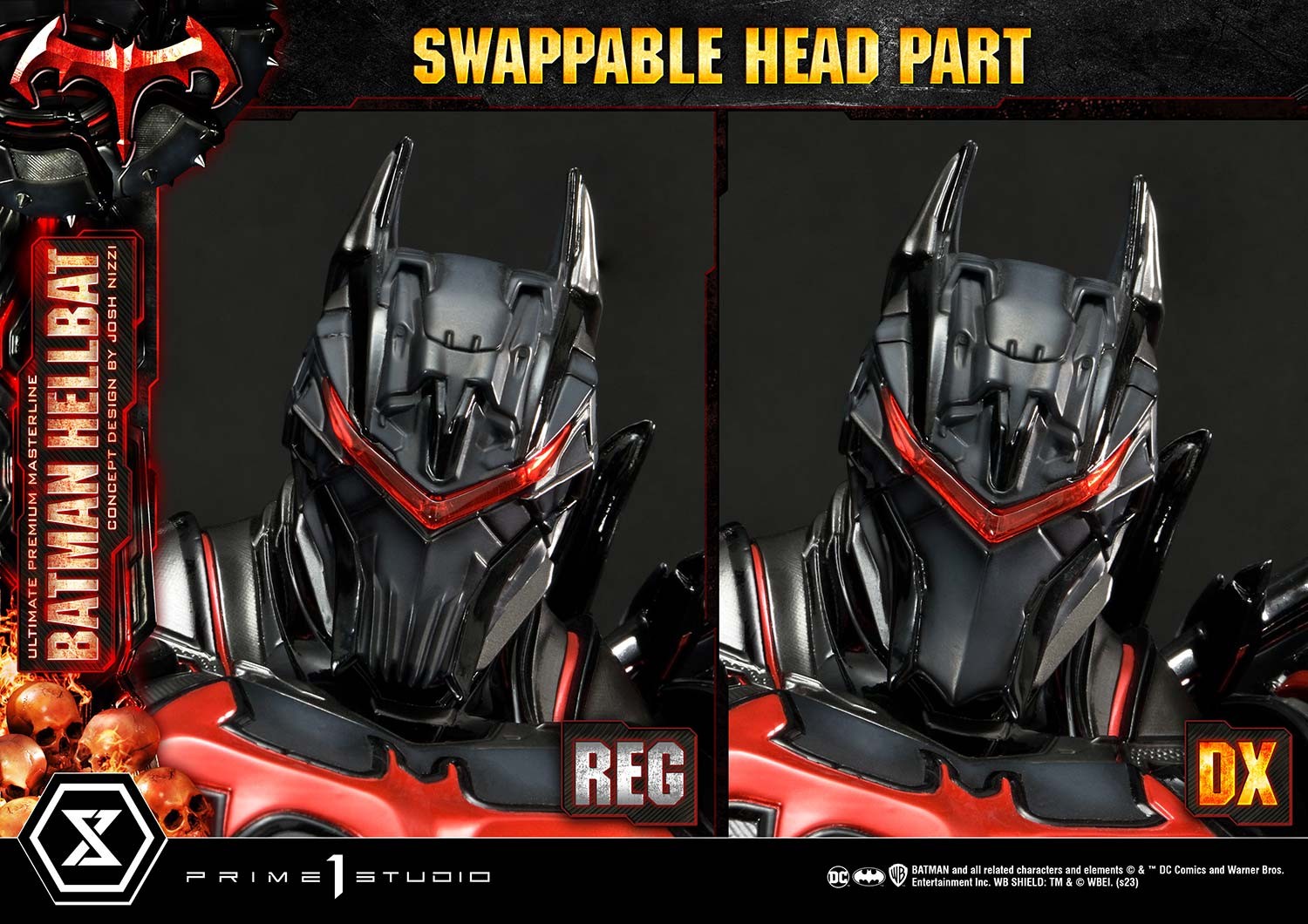 batman-hellbat-capacete-linha-muscular Estátua Batman Hellbat Detalhe do capacete e linha muscular vermelha