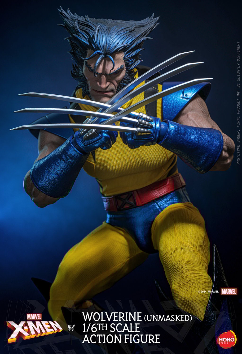 Knee-high shot of Wolverine (Unmasked), leaning back on his right leg with claws crossed in front of his chest and head down. (Prototype Shown) View 6