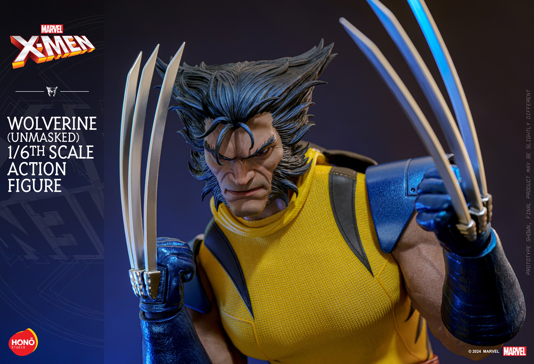 Half-body shot of Wolverine (Unmasked) with both arms curled toward his head, claws extended, and head angled downward. (Prototype Shown) View 12