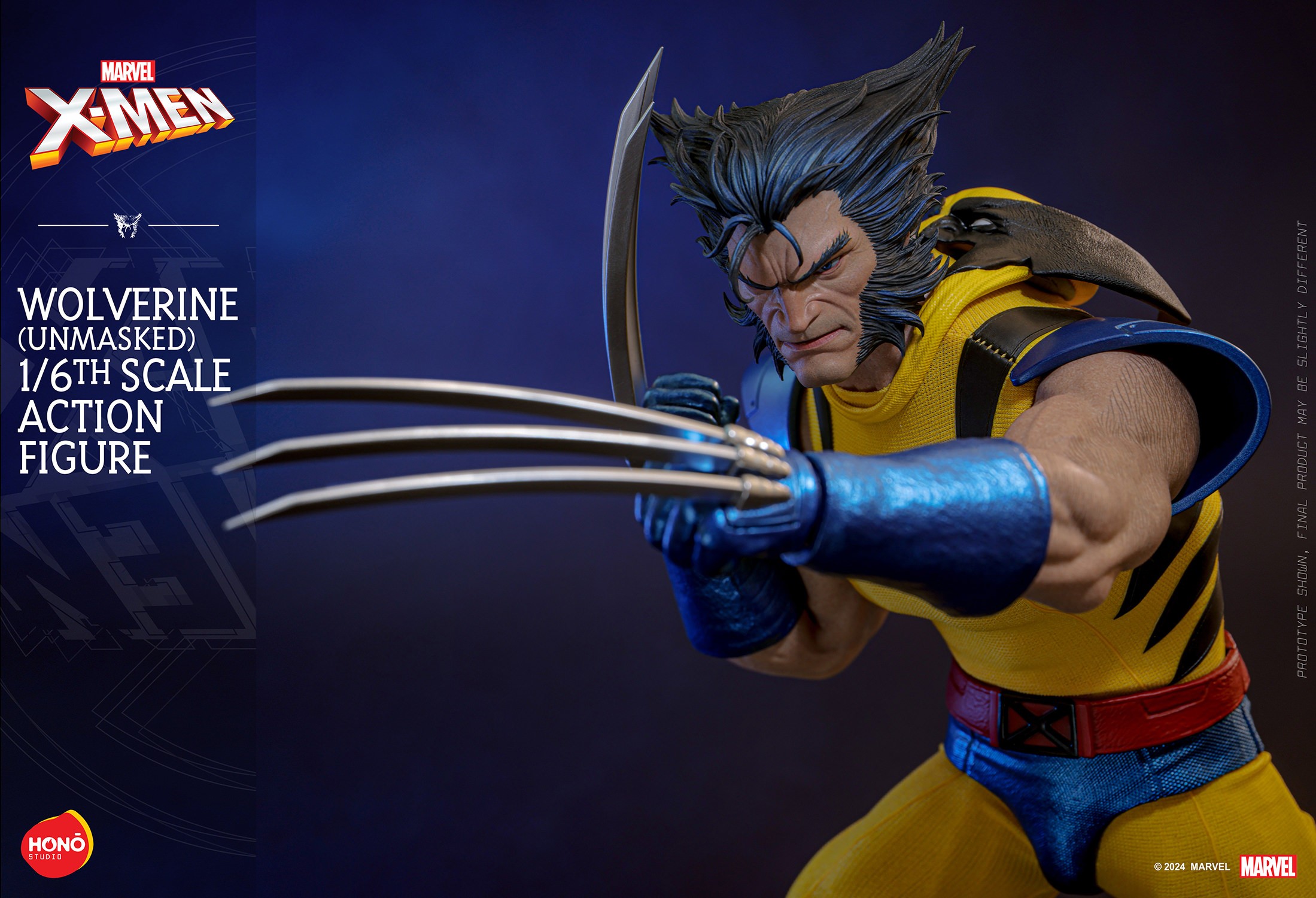 Knee-high shot of Wolverine (Unmasked) with his left arm extended forward, claws out, right arm curled toward his chest, and leaning slightly forward. (Prototype Shown) View 13