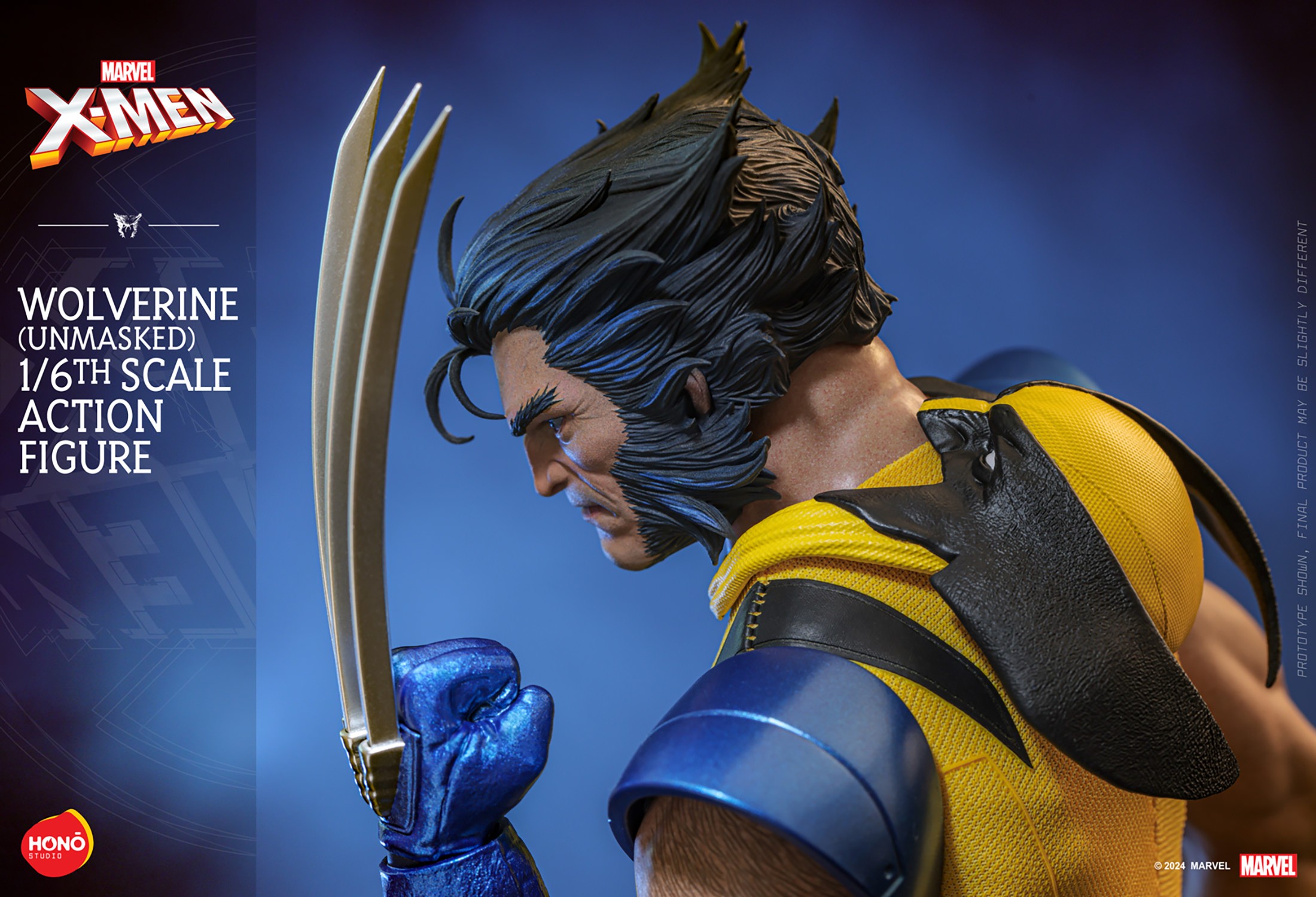 Upper-body shot of Wolverine (Unmasked), showcasing a side profile with his left arm curled toward his face, claws extended, and head slightly down. (Prototype Shown) View 15