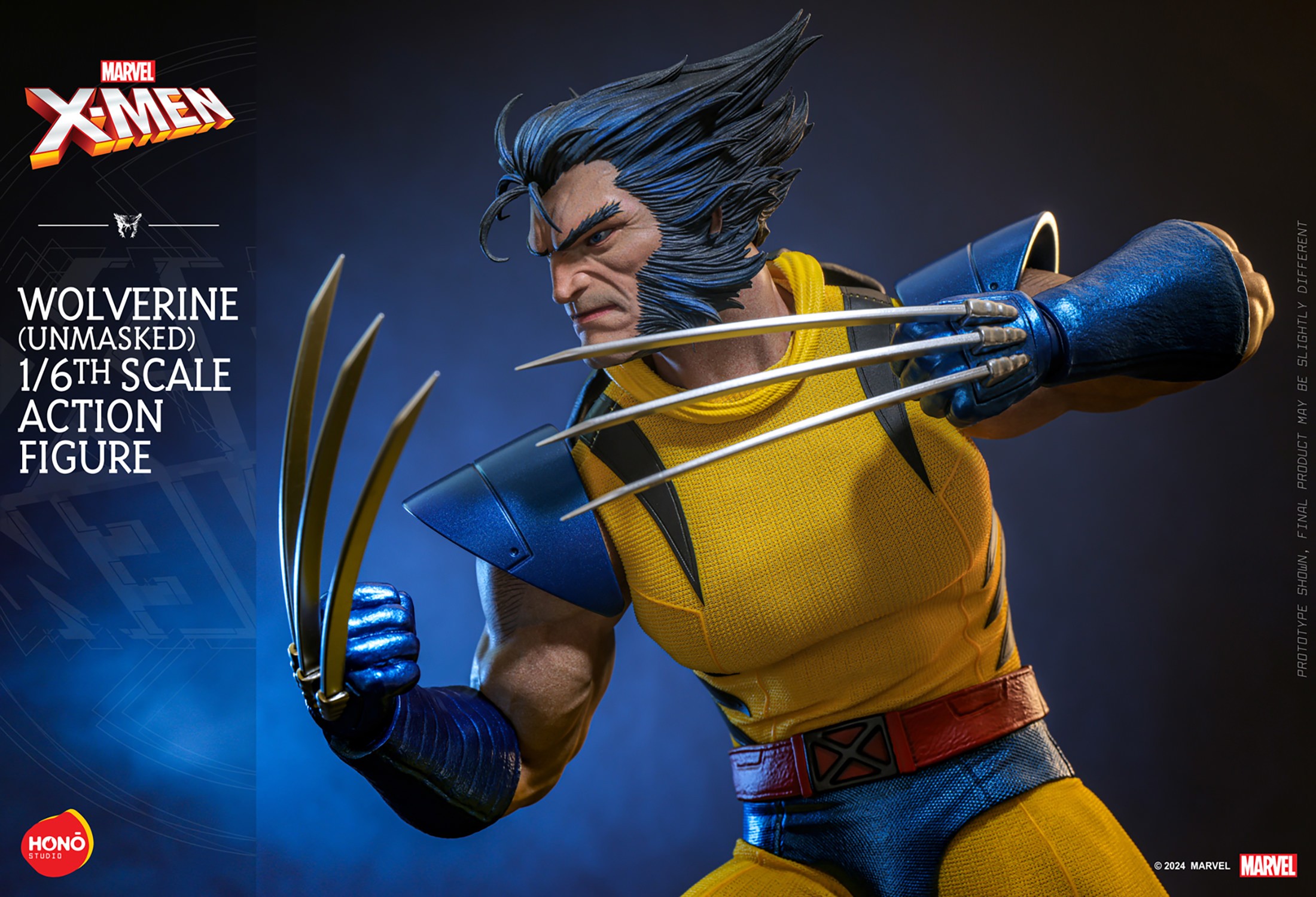 Half-body shot of Wolverine (Unmasked), crouched and slightly leaning forward with arms bent at different angles, claws extended, and looking to the right. (Prototype Shown) View 16