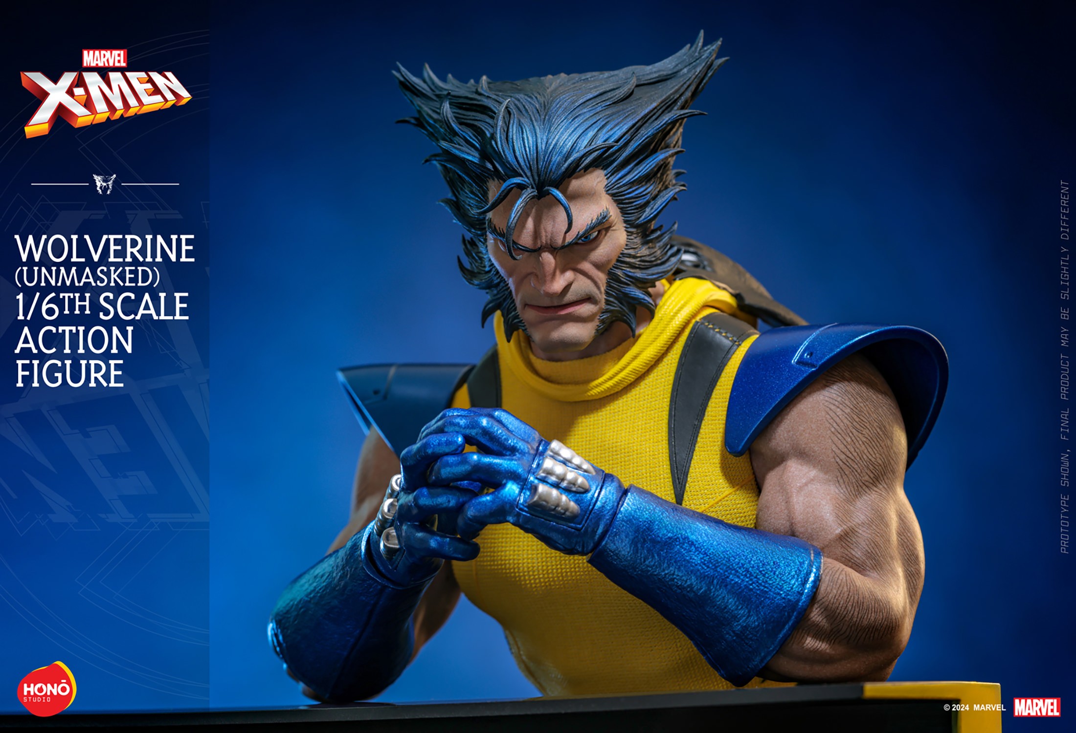 Half-body shot of Wolverine (Unmasked), fingers intertwined with no claws extended, head tilted down, and a contemplative expression. (Prototype Shown) View 17
