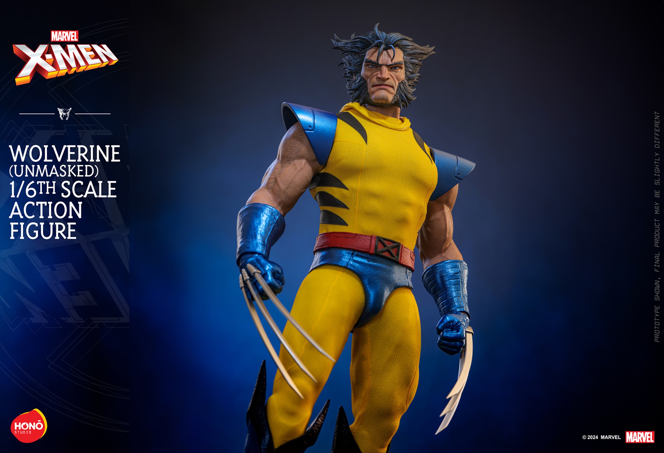 Knee-high shot from a low angle of Wolverine (Unmasked), looking down toward the viewer's perspective with arms at his sides and claws extended. (Prototype Shown) View 18