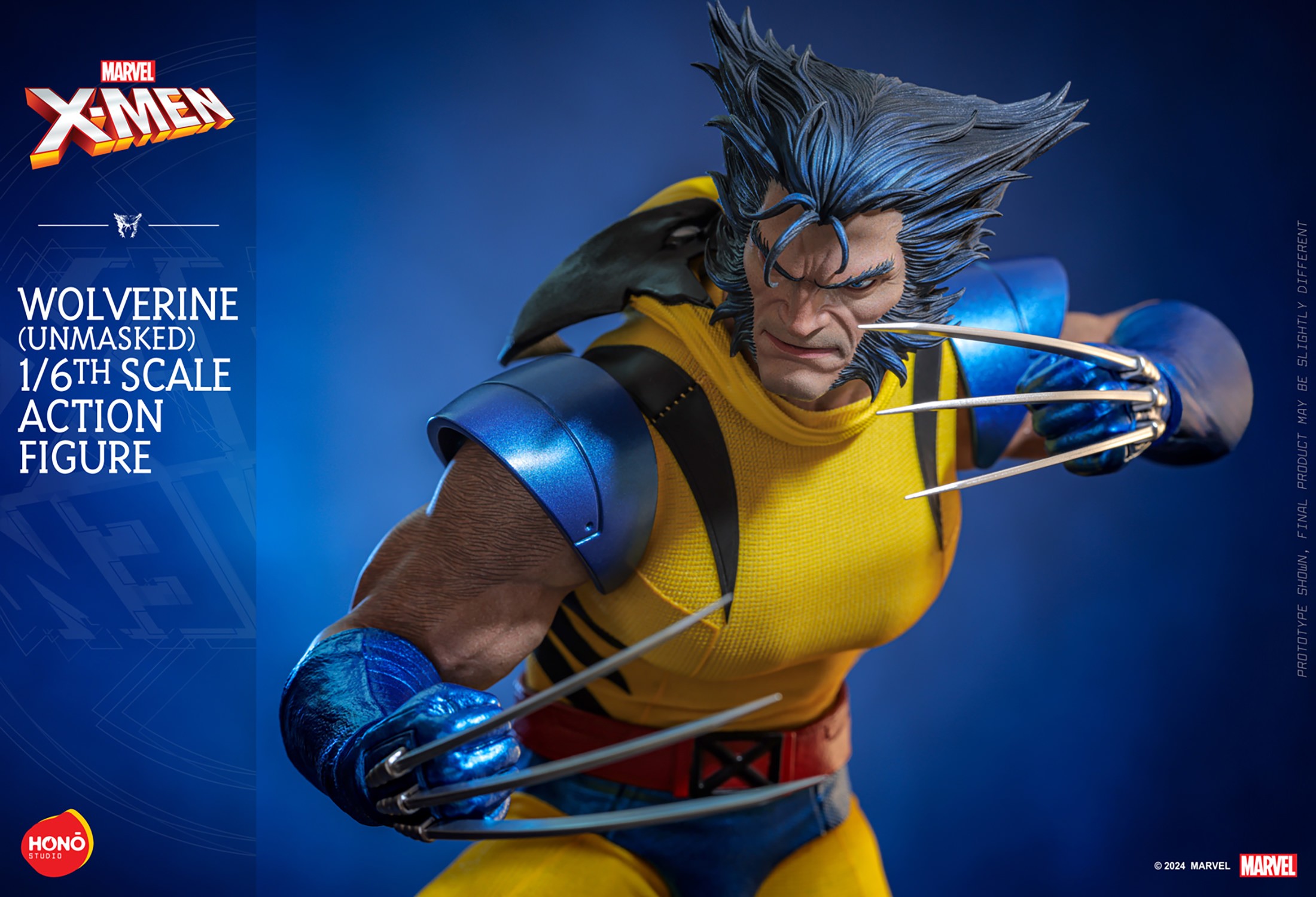 Half-body shot of Wolverine (Unmasked), leaning forward with arms bent at different angles, claws extended, looking down slightly to the right. (Prototype Shown) View 19
