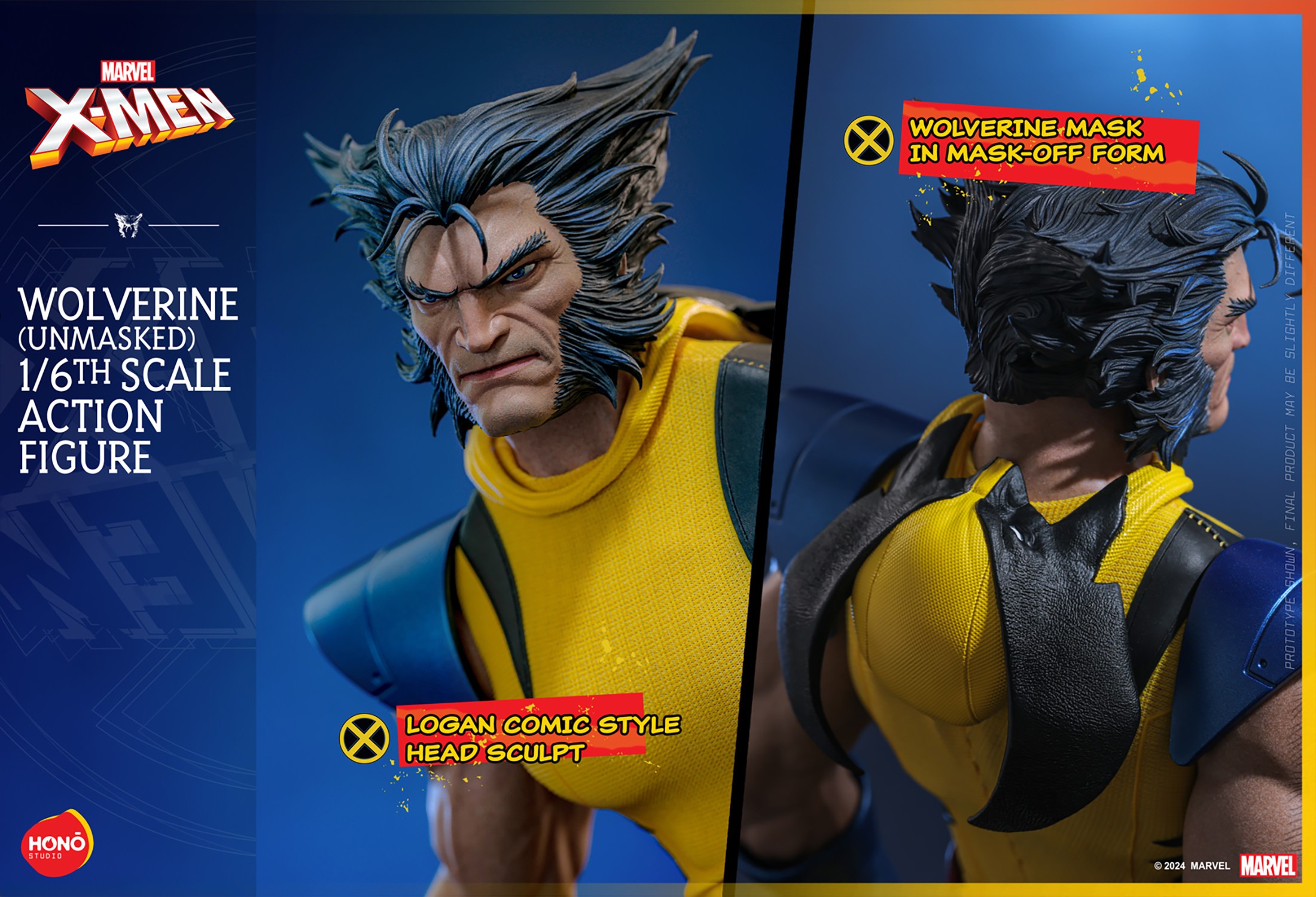 Half-body shots of Wolverine (Unmasked) featuring two portraits that highlight different headsculpts and mask details. (Prototype Shown) View 22