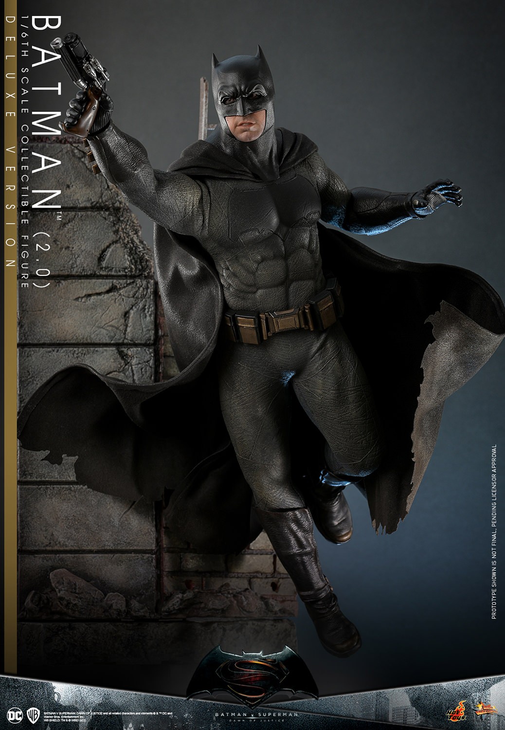 Action shot of Batman (2.0) poised to fly off the alleyway diorama, holding his grapple gun in his right hand with his right foot on the ground. (Prototype Shown) View 4