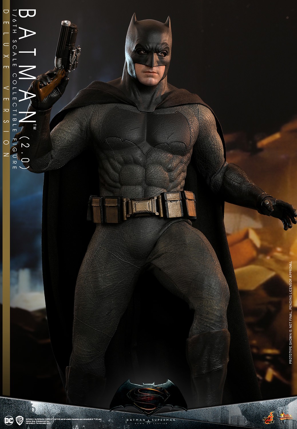 Full-body shot of Batman (2.0) stepping with his left leg, holding a pistol in his right hand, and showing a serious, determined expression. (Prototype Shown) View 8