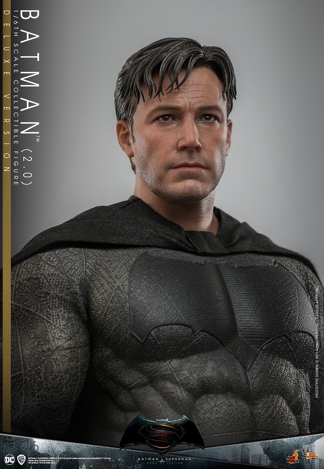 Right angle shot of Batman (2.0) without his cowl, showcasing the newly developed Bruce Wayne head sculpt with separate rolling eyeballs and two hair styles. (Prototype Shown) View 13