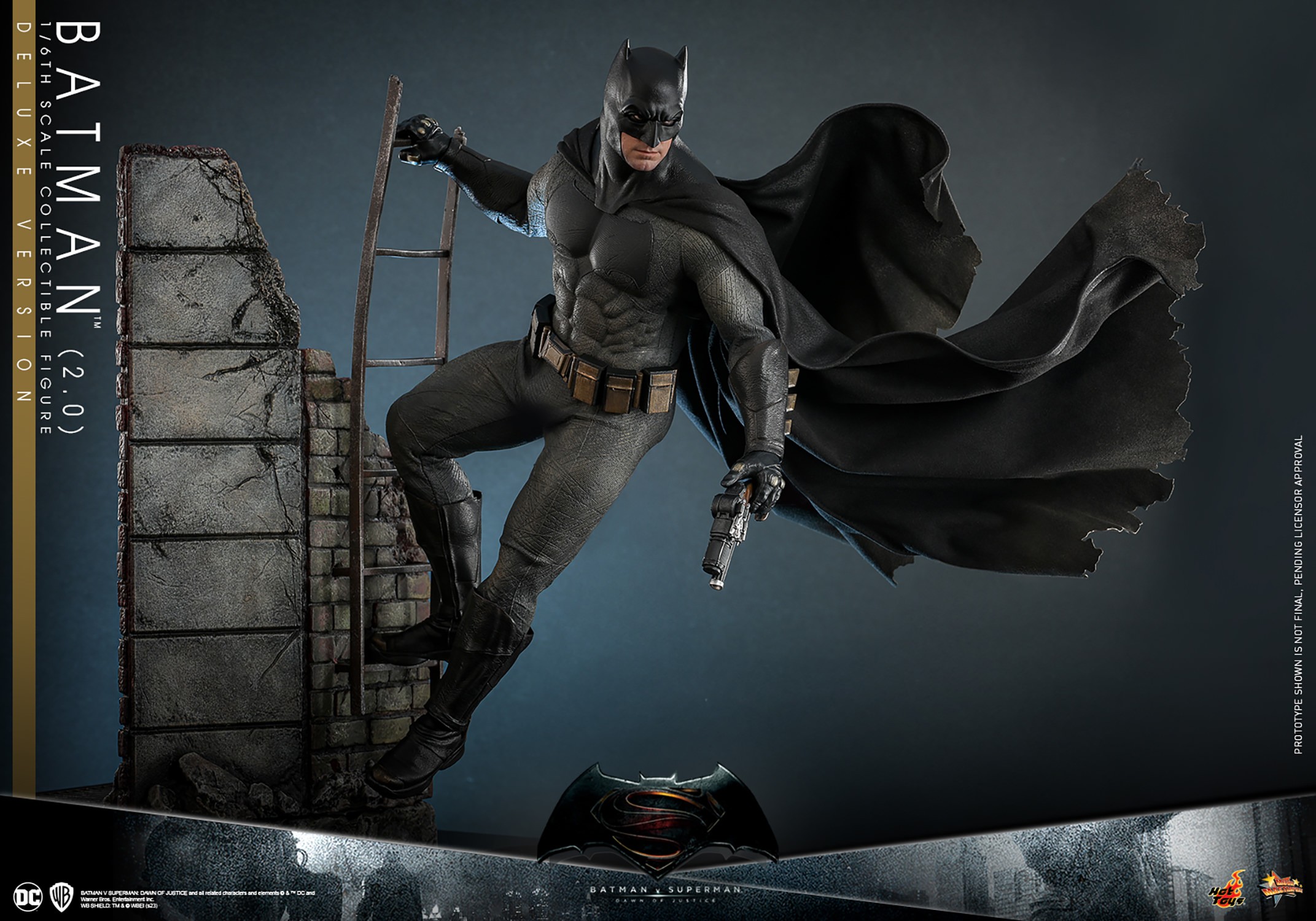 Action shot of Batman (2.0) hanging from a diorama backdrop of antiquated alleyways, holding a pistol in his left hand. (Prototype Shown) View 14