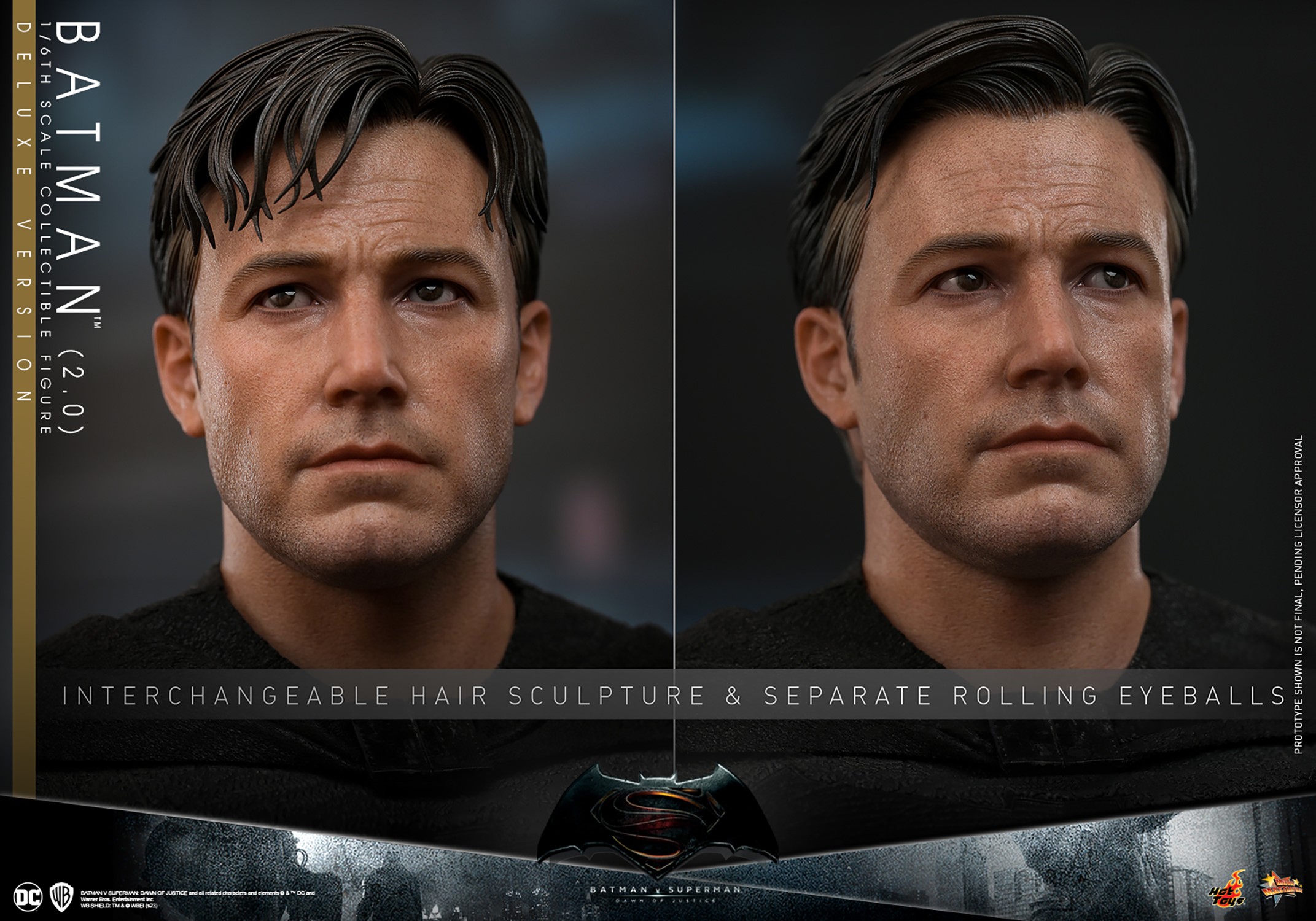 Two close-up face portraits of Batman (2.0) showcasing the interchangeable hair sculptures and separate rolling eyeball features for dynamic expressions. (Prototype Shown) View 16