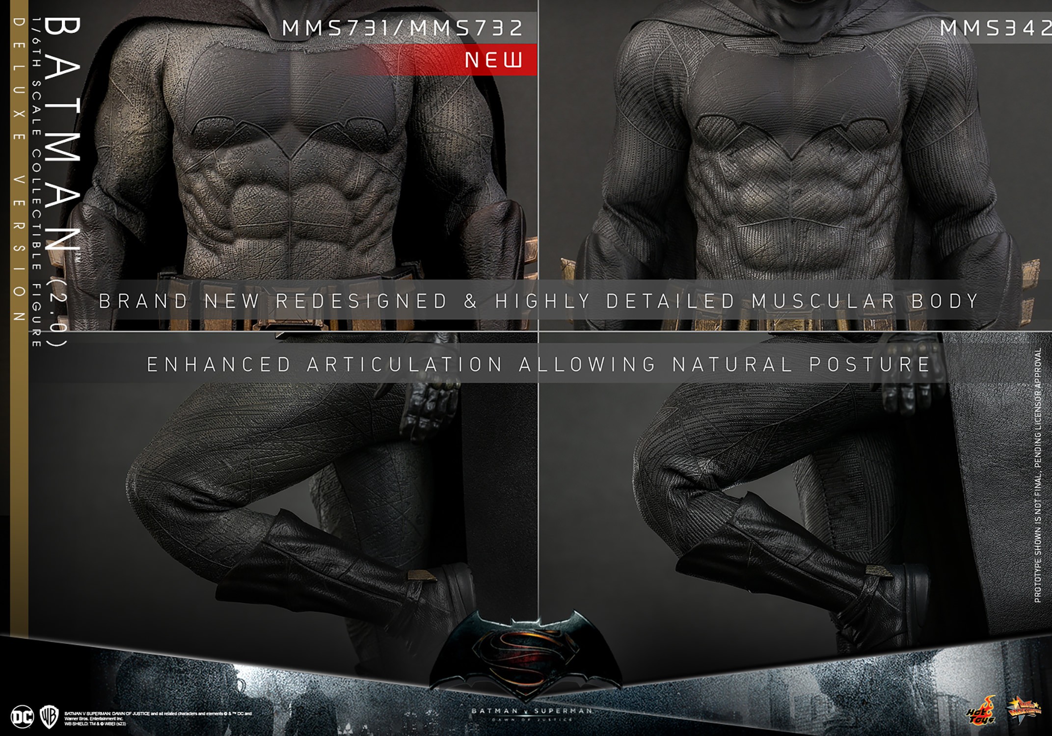 Four portraits of Batman (2.0) showcasing the redesigned, highly detailed muscular body and enhanced articulation for a more natural, dynamic posture. (Prototype Shown) View 22