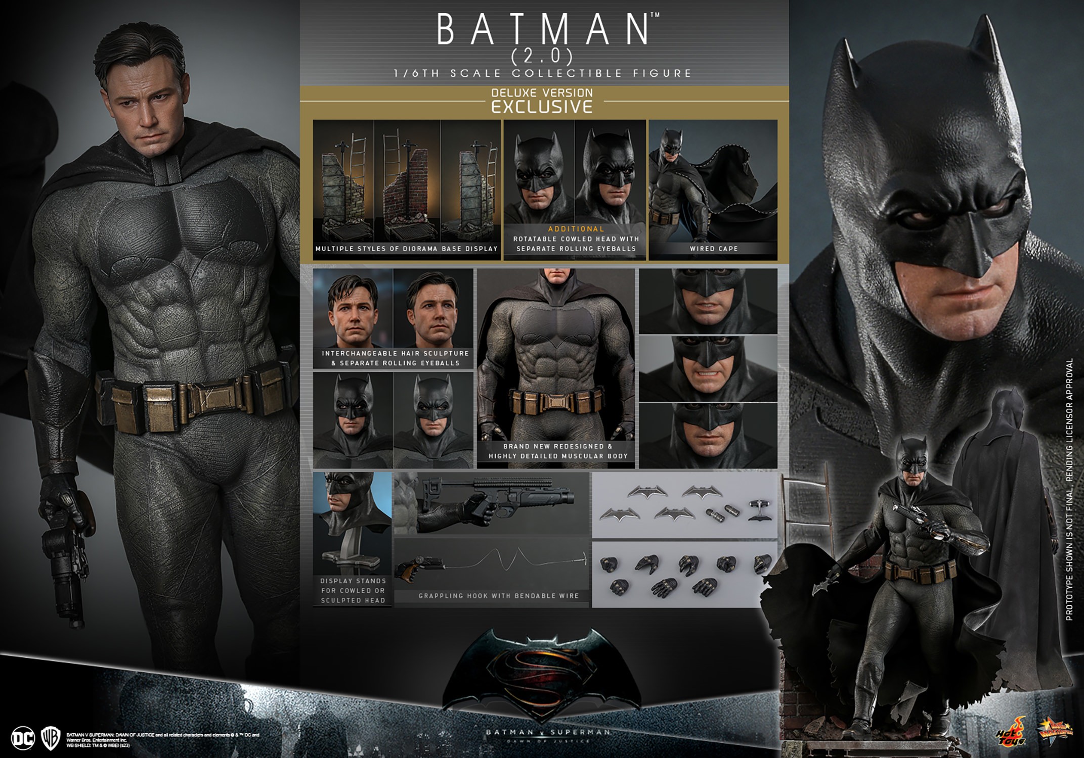 Multiple portraits of Batman (2.0) showcasing the figure alongside the accessories included in the box. (Prototype Shown) View 24