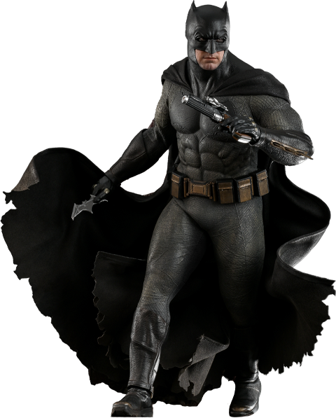 Full-body shot of Batman (2.0) in his full suit, right leg forward, holding a batarang in his right hand and a pistol up with his left, looking right. (Prototype Shown) View 25