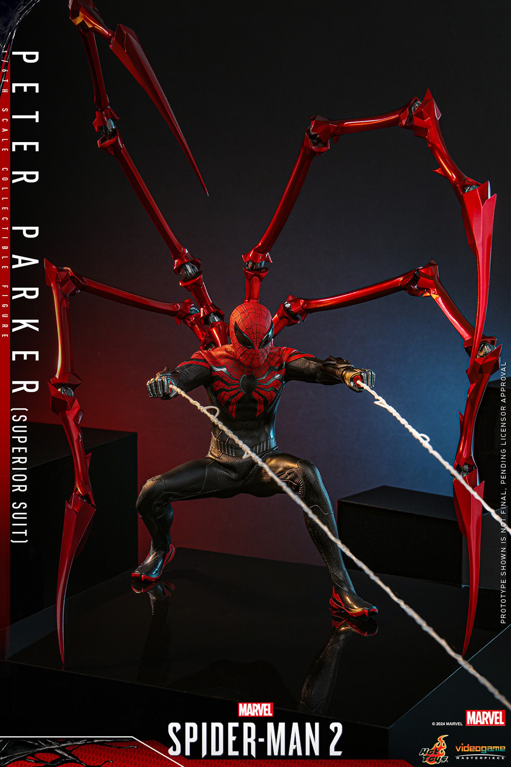 Action shot of Peter Parker (Superior Suit) in a wide squat, dynamically shooting web strings from both hands, with pincers poised for attack. (Prototype Shown) View 10