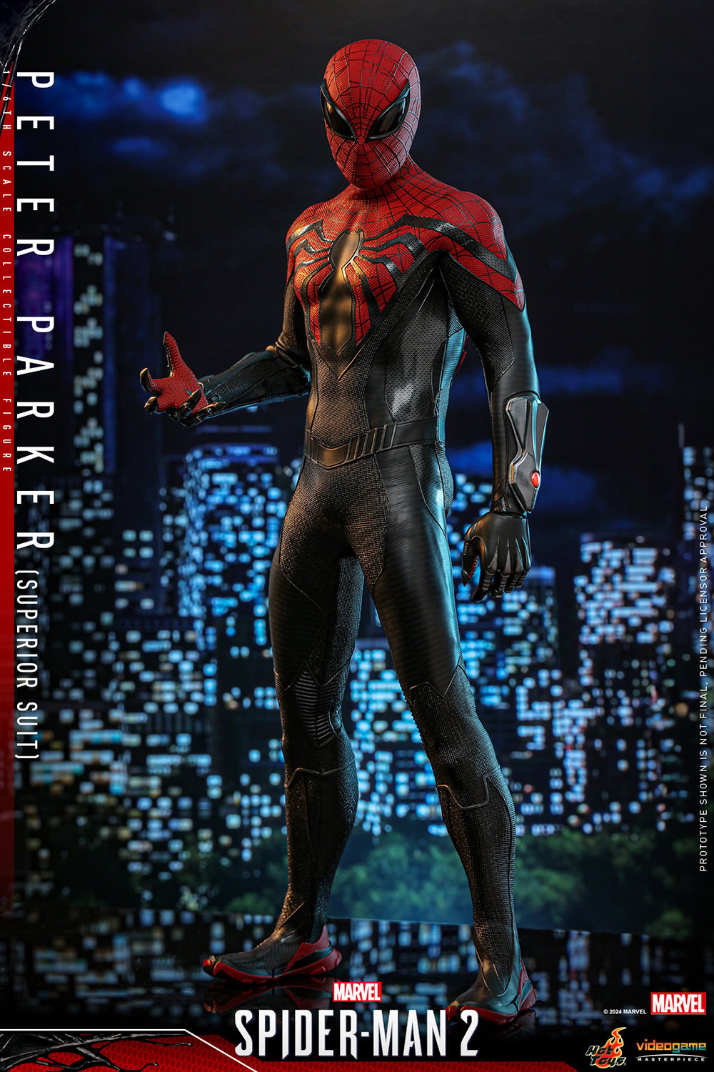 Full-body shot of Peter Parker (Superior Suit) in a wide stance, angled pose, right hand raised, showcasing his sleek design and menacing expression. (Prototype Shown) View 11