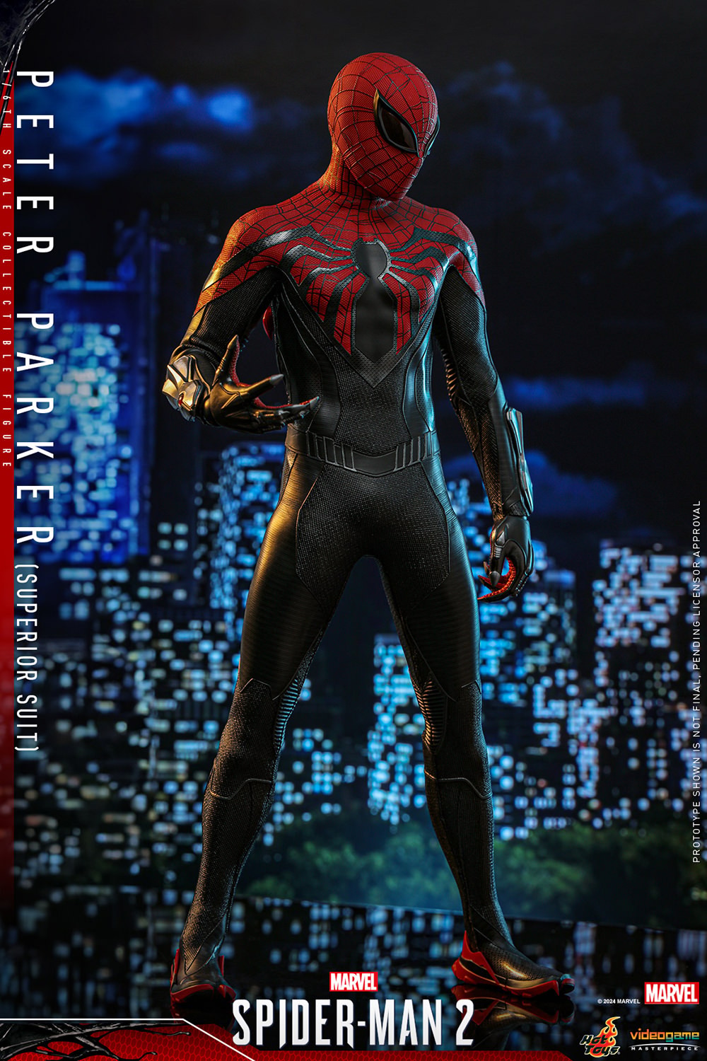 Full-body shot of Peter Parker (Superior Suit) in a wide stance, angled pose, right hand raised, showcasing his sleek design and menacing expression. (Prototype Shown) View 12