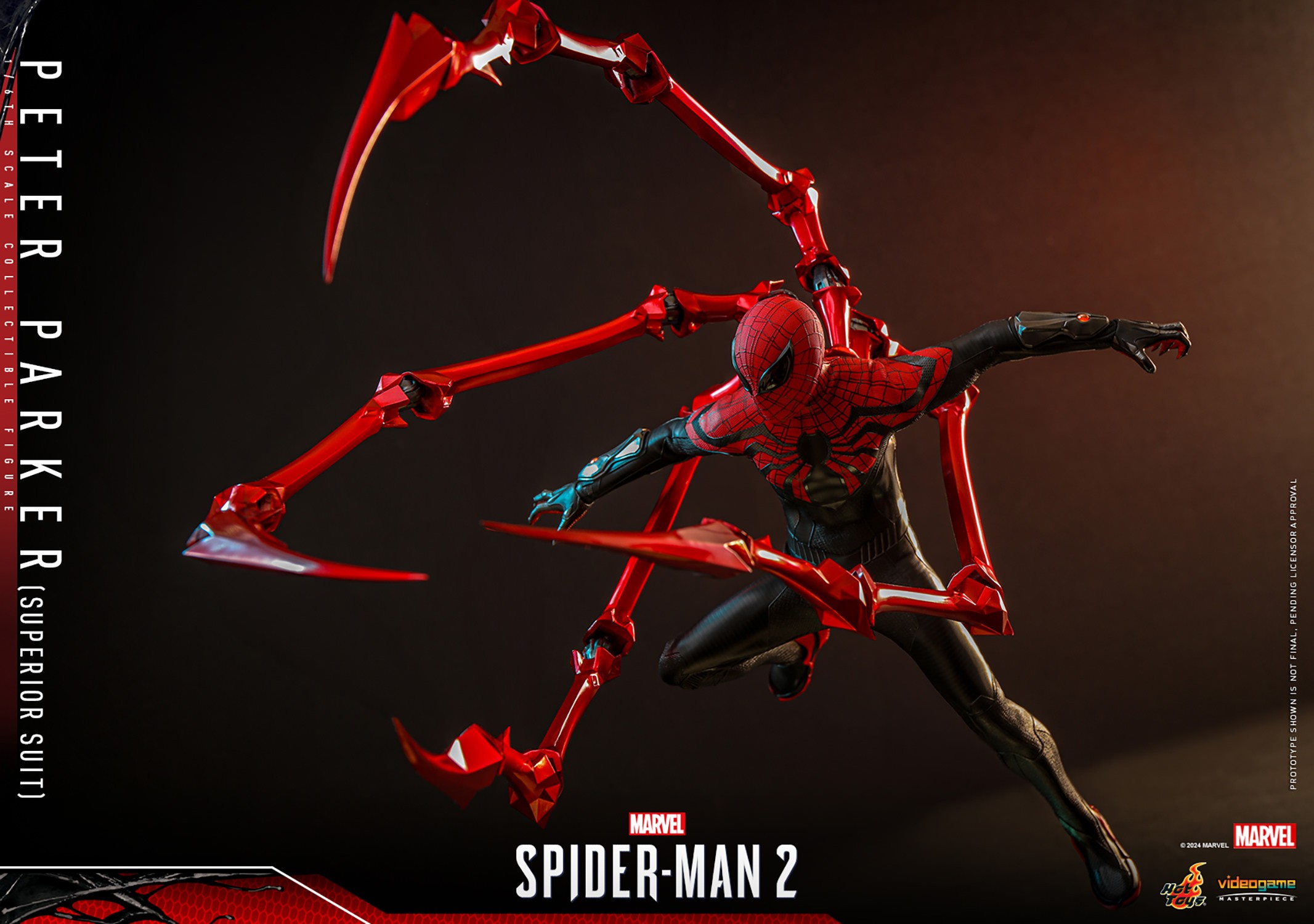 Action shot of Peter Parker (Superior Suit) airborne, right knee bent, left leg extended, with metallic red pincers positioned together in front. (Prototype Shown) View 15