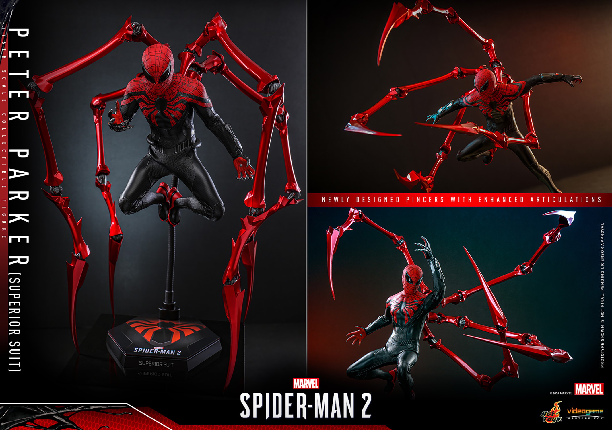 Three detailed portraits of Peter Parker (Superior Suit) highlighting the newly designed metallic red pincers with enhanced articulation features. (Prototype Shown) View 16