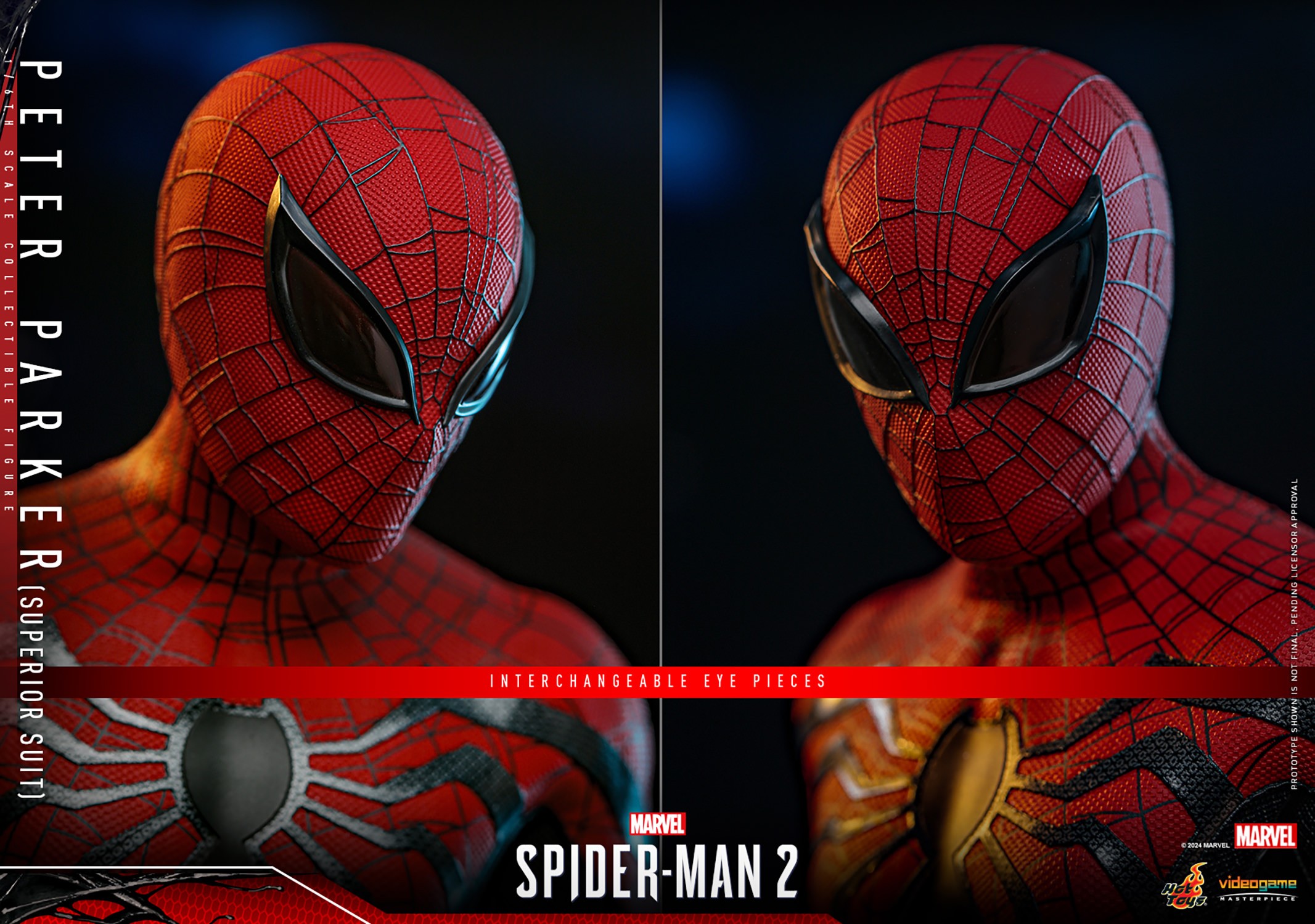 Two close-up face portraits of Peter Parker (Superior Suit) mask, highlighting the interchangeable eye pieces for dynamic expression options. (Prototype Shown) View 18