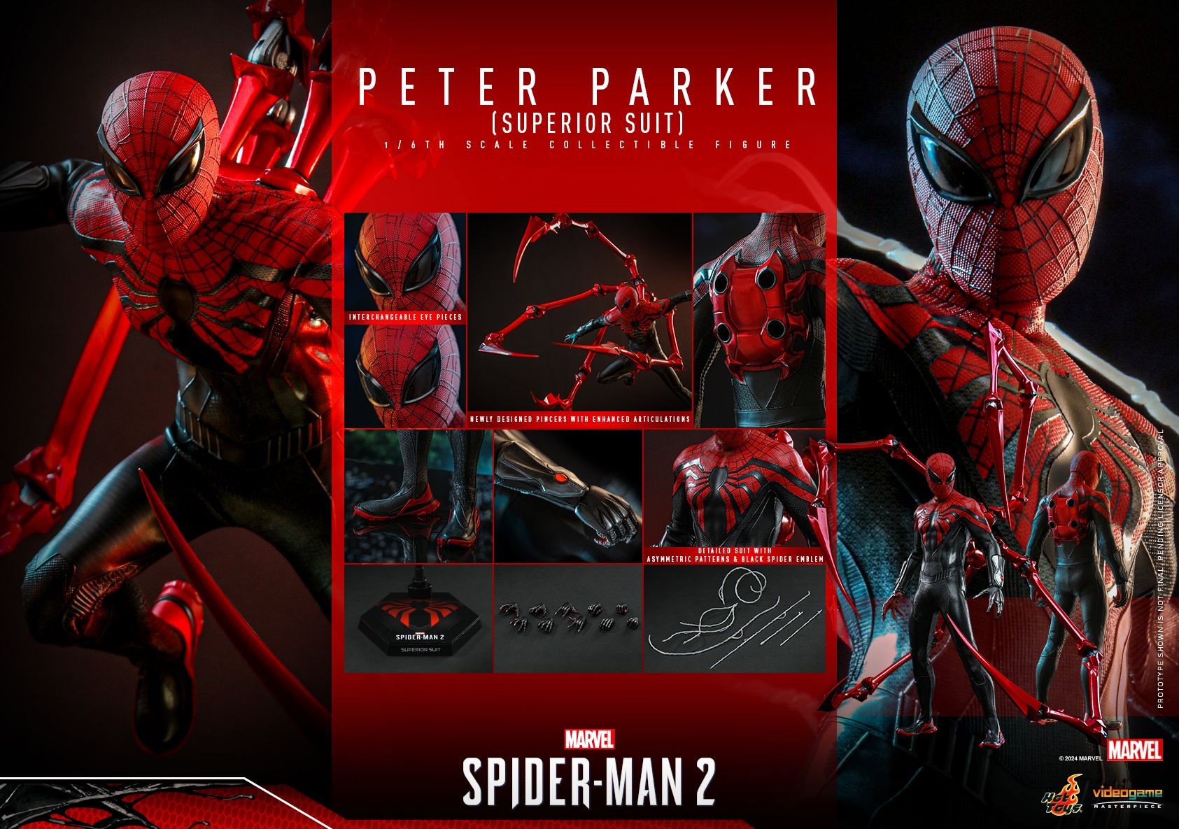 Multiple portraits showcasing the Peter Parker (Superior Suit) figure, highlighting its intricate suit details, dynamic pincers, and additional features. (Prototype Shown) View 19