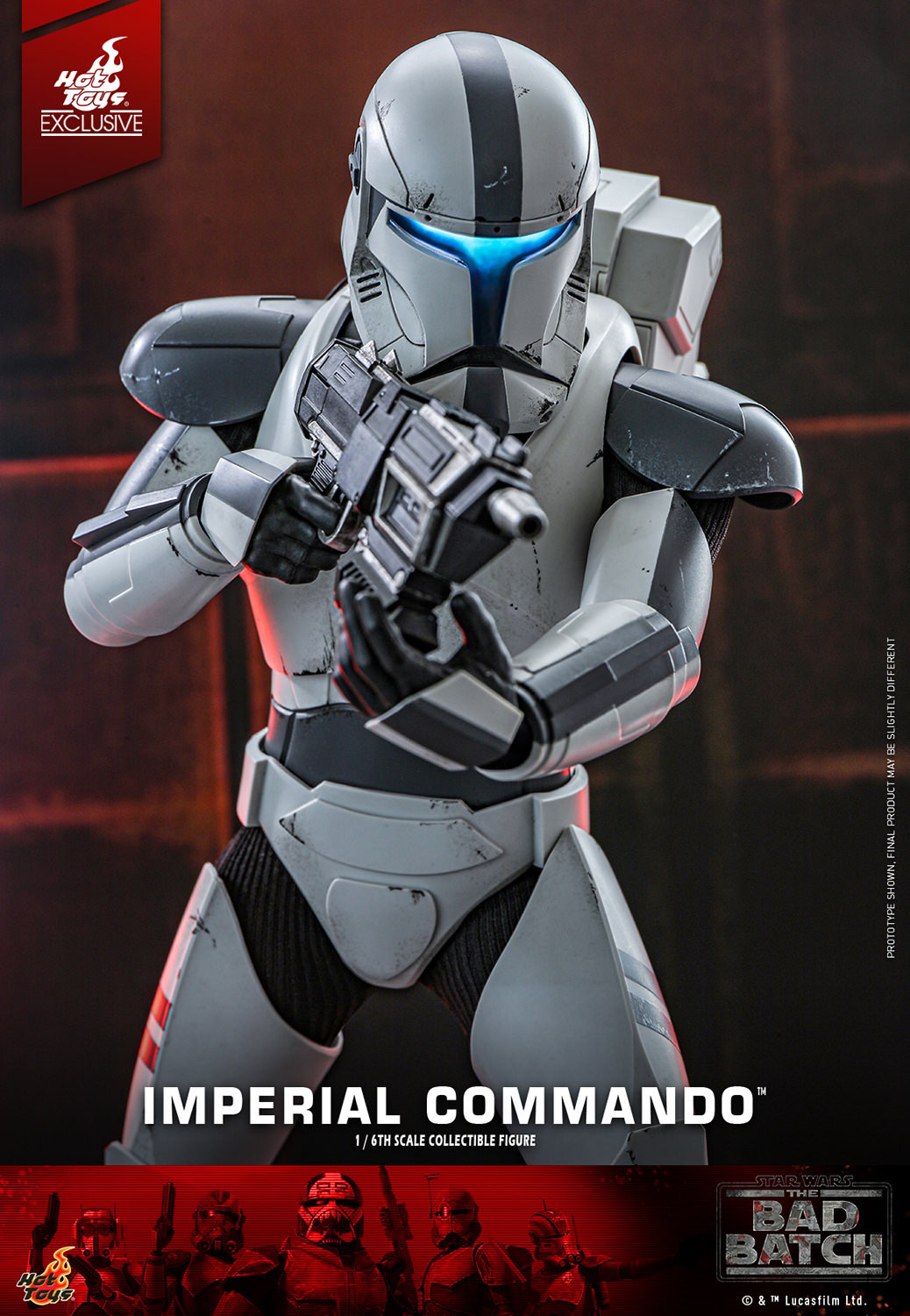 Half-body shot of Imperial Commando™ showcasing battle-worn armor with gray markings, fabric under-suit, military backpack, and blaster rifle. (Prototype Shown) View 12