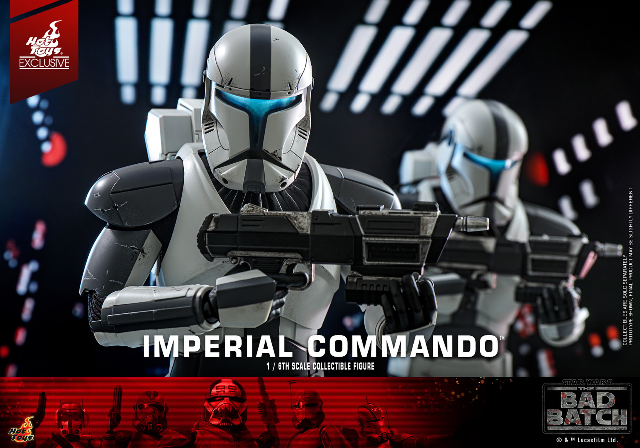 Half-body shot of Imperial Commando™ holding his blaster rifle with both hands, presenting it to the viewer, with another trooper standing behind him. (Prototype Shown) View 15