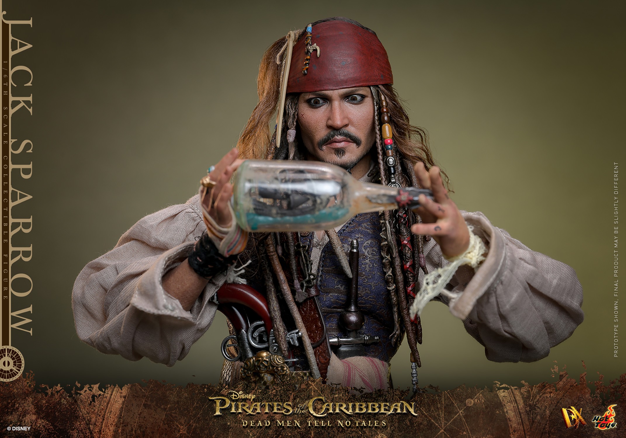 Half-body shot of Jack Sparrow (Collector Edition) holding up and looking at The Black Pearl inside a clear bottle. Collector Edition (Prototype Shown) View 14