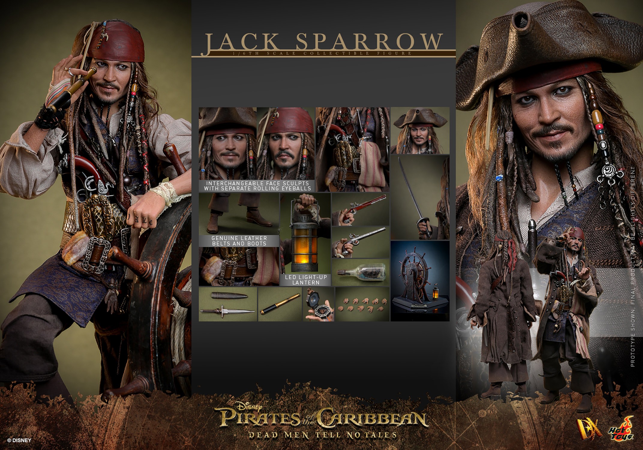 Multiple portraits of Jack Sparrow (Collector Edition) showcasing various expressions and headsculpts, along with details of the contents included in the box. Collector Edition (Prototype Shown) View 18