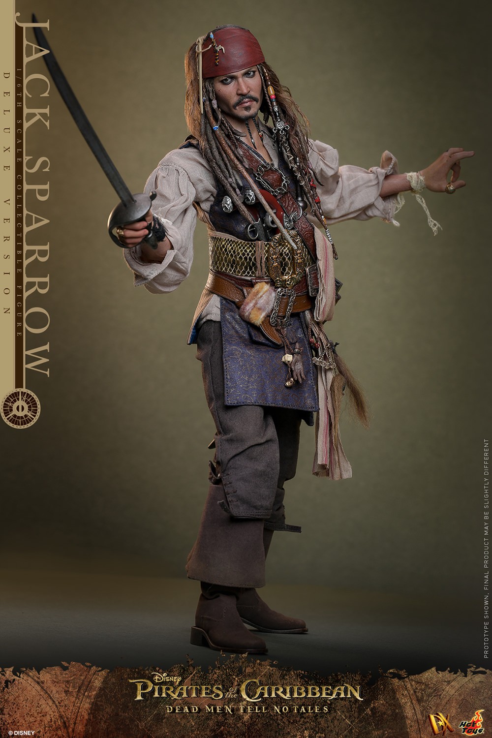Full body shot of Jack Sparrow (Deluxe Version) standing without his coat, right leg forward, left hand gestured out, and holding a sword in his right hand. (Prototype Shown) View 8