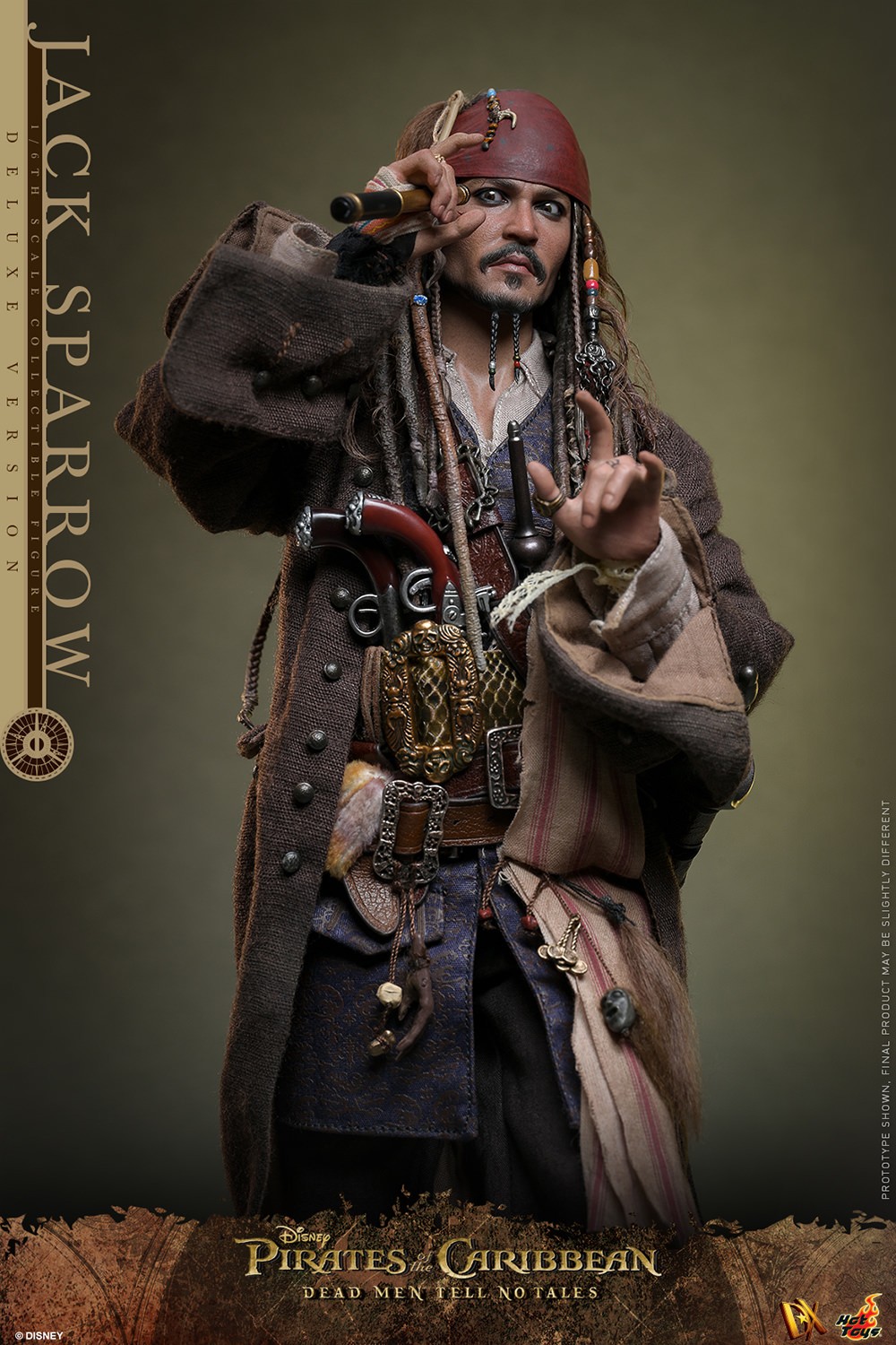 Knee-high shot of Jack Sparrow (Deluxe Version) in classic attire and red bandana, looking through a tube telescope with his right hand and left hand up in an iconic pointing gesture. (Prototype Shown) View 12